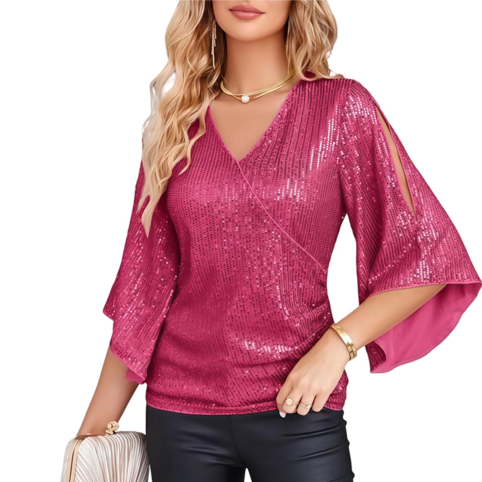 Camicetta elegante da donna con maniche a 3/4, con scollo a V, con paillettes glitterate, per feste e serate, Rosso rosato, XXL