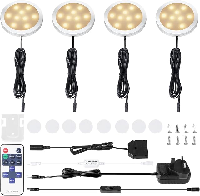 AIBOO LED Kitchen Under Cabinet Lighting Kit Dimmable with Wireless RF Remote,UK Plug,4 Pack Round Display 240V LED Puck Lights,8W Under Cupboard Counter Shelf Lights(Warm White 2700K)