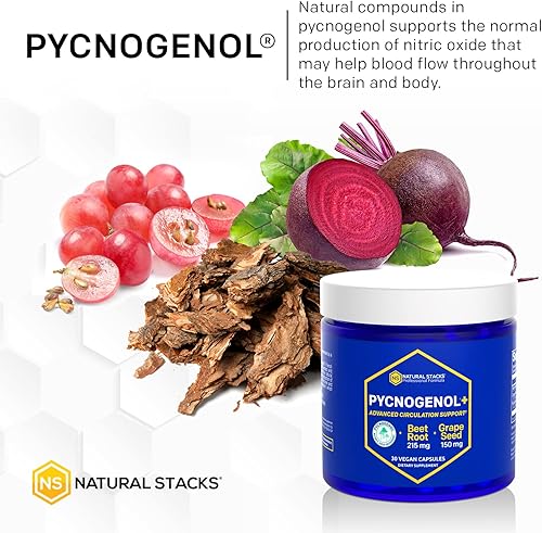 Miniatura 6 de NATURAL STACKS Pycnogenol + extracto de corteza de pino marítimo francés con extracto de raíz de remolacha y semillas de uva, mejora la circulación