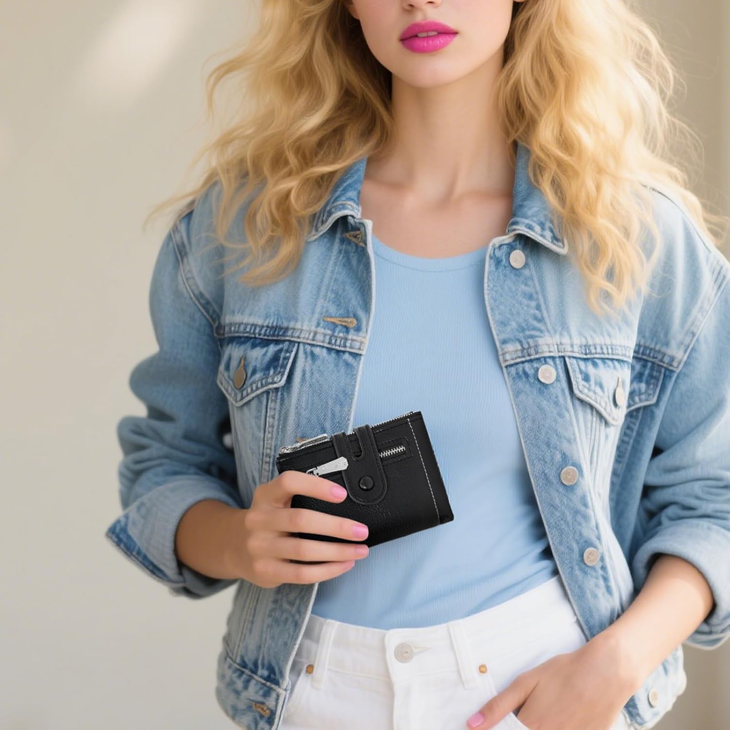 Small Women's Wallet Bifold Card Holder with 2 Zipper Coin Pockets Chain Wallet for Women Soft Leather - Image 6