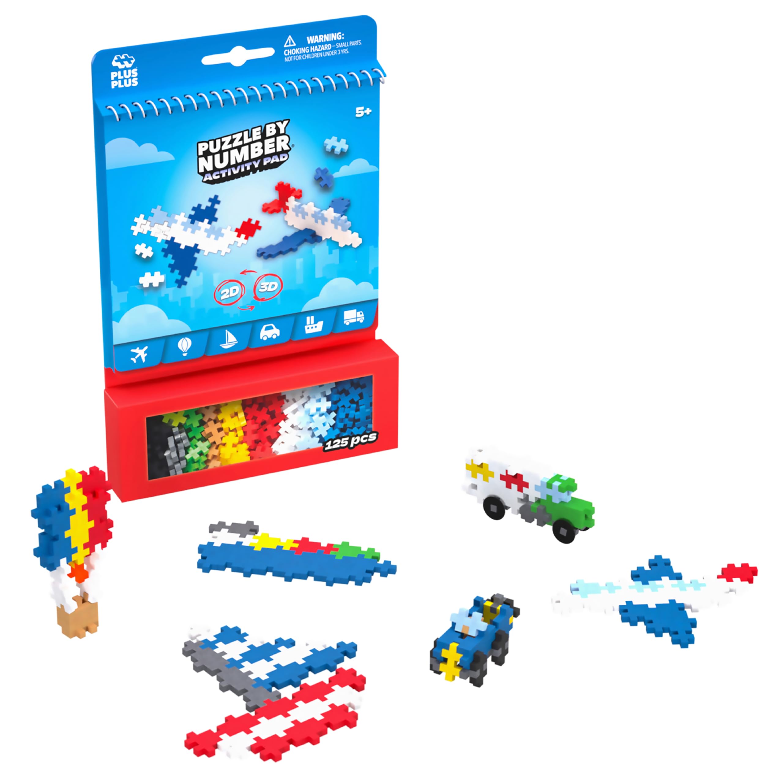 Plus Plus Travel Toys - Building Blocks Puzzle Play, Ideal Train, Car, or Plane Activities for Kids, 12 Pages with 125 Pieces in Attached Storage, Girls and Boys Toys Age 5 Plus - Transportation