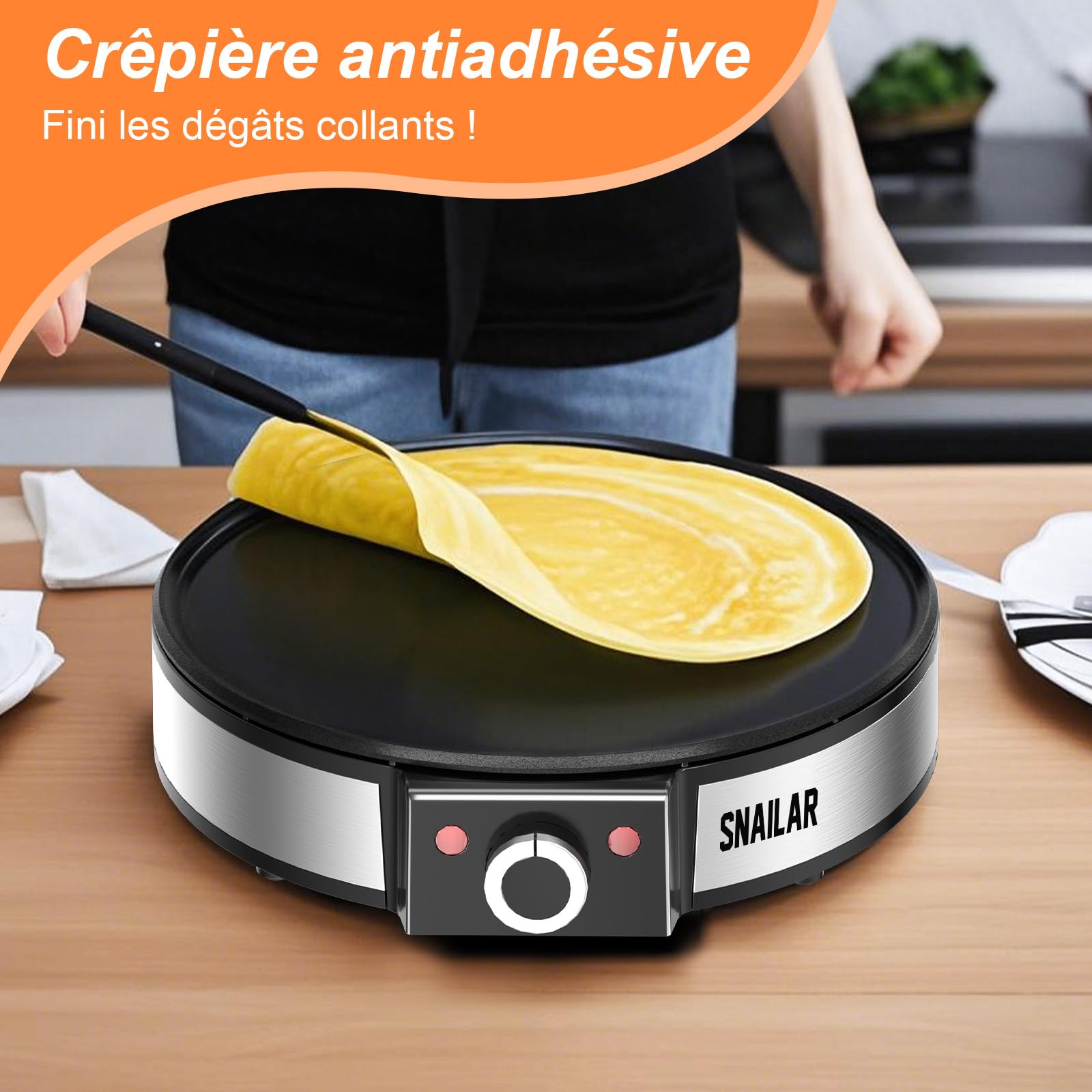 Crêpière électrique, 1200w crêpière sans colle pour la maison, contrôle de la température, acier inoxydable - facile à nettoyer et comprend un diviseur de pâte et une spatule