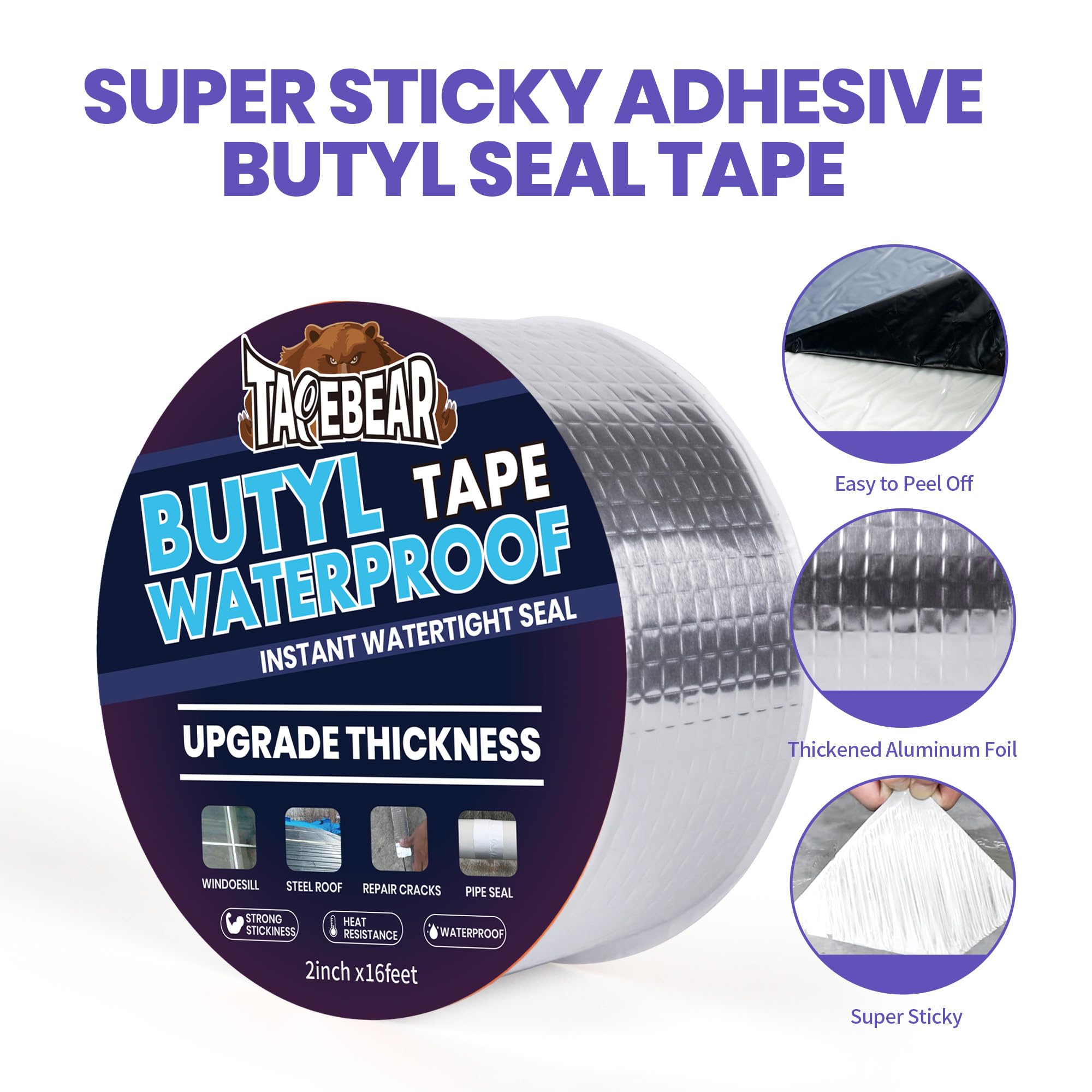 TAPEBEAR Cinta de Butilo Extra Gruesa 100mm x 5m, Cinta Selladora Aluminio 1.3mm para Reparación Techos RV Barcos Tuberías
