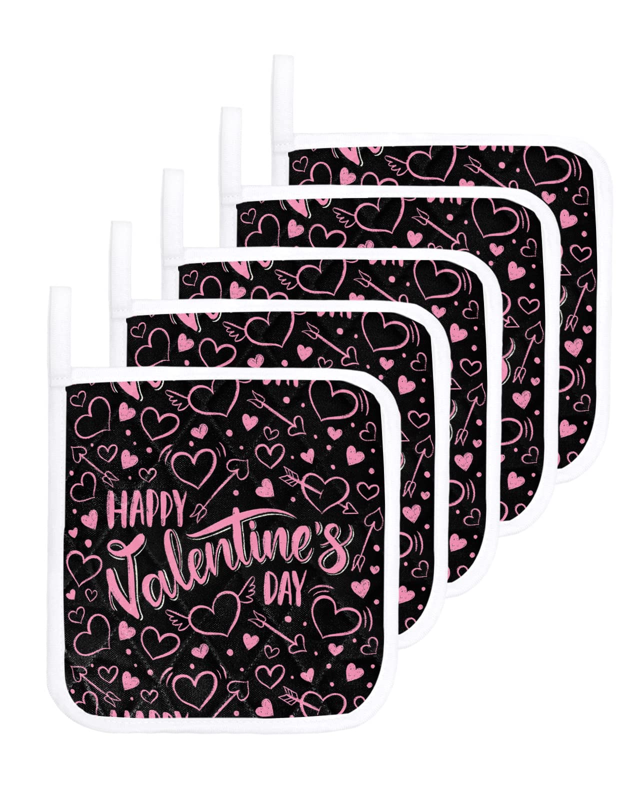 5 Packs Valentine's Day Pot Holders Sets for Kitchen,Oven Pan Plate Bowl Pads Heat Proof Mat with Hanging Loop,Thick Terry Cloth Potholders Soft Grip for Cooking Baking Pink Black Romance Love Heart