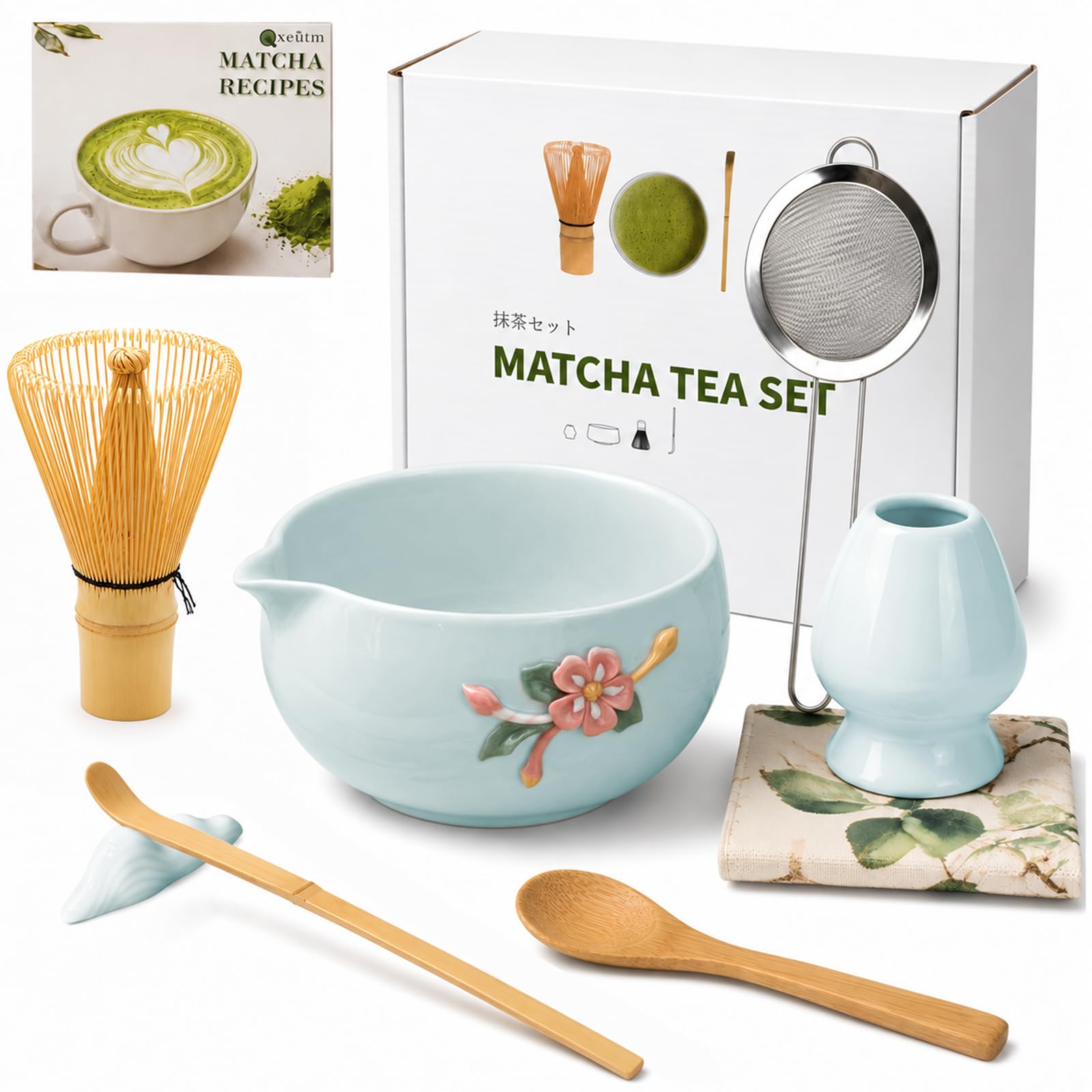 Qxeutm Matcha Set 9 Stk, Handgeformter Blüte, mit Exklusivem Rezeptbuch