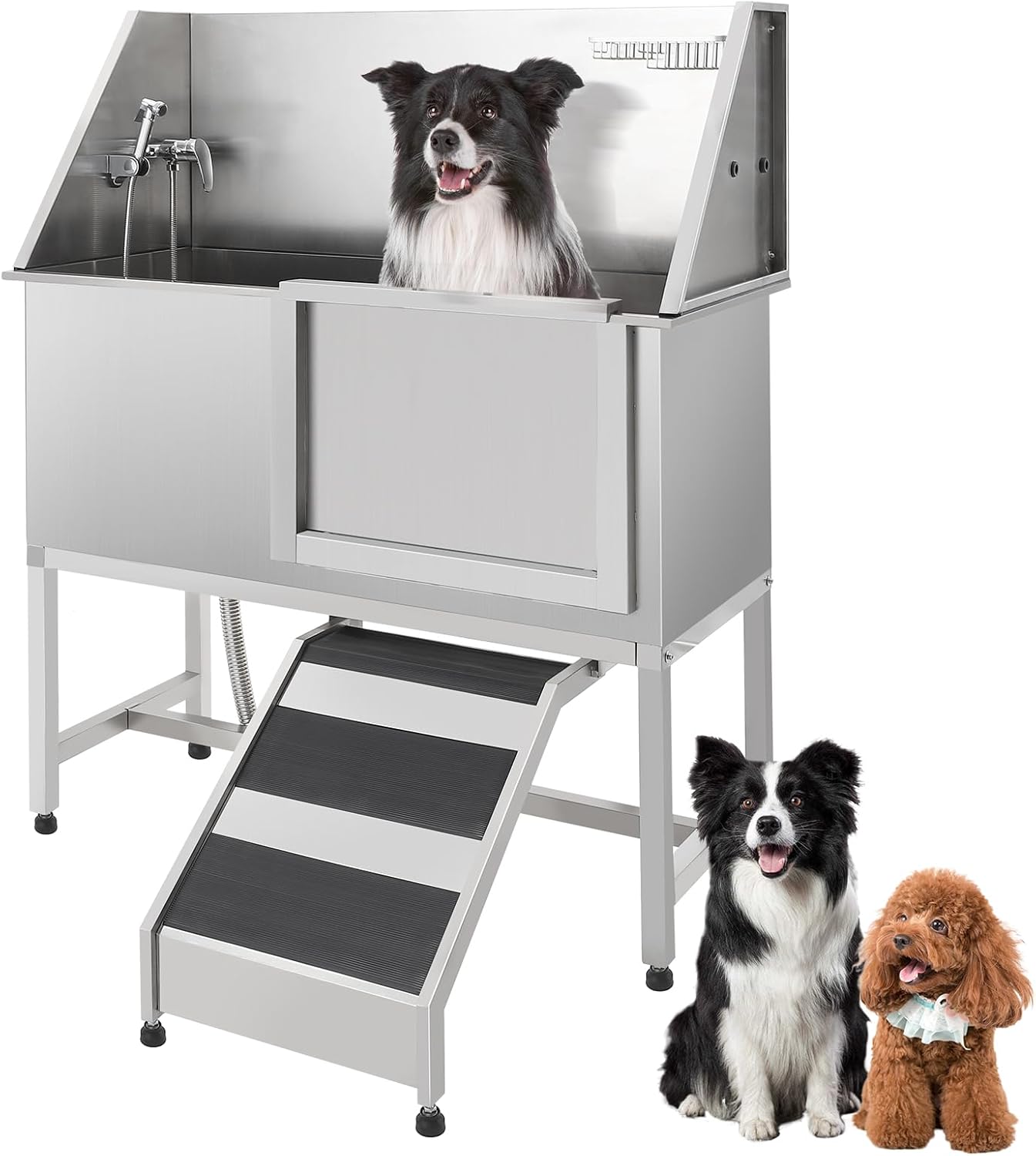 PeakPursuit Dog Washing Station,304 Stainless Steel Pet Grooming Tub with Ramp,Includes Shower Head, Soap Dispenser, Faucet & Non-Slip Grate for All Dogs