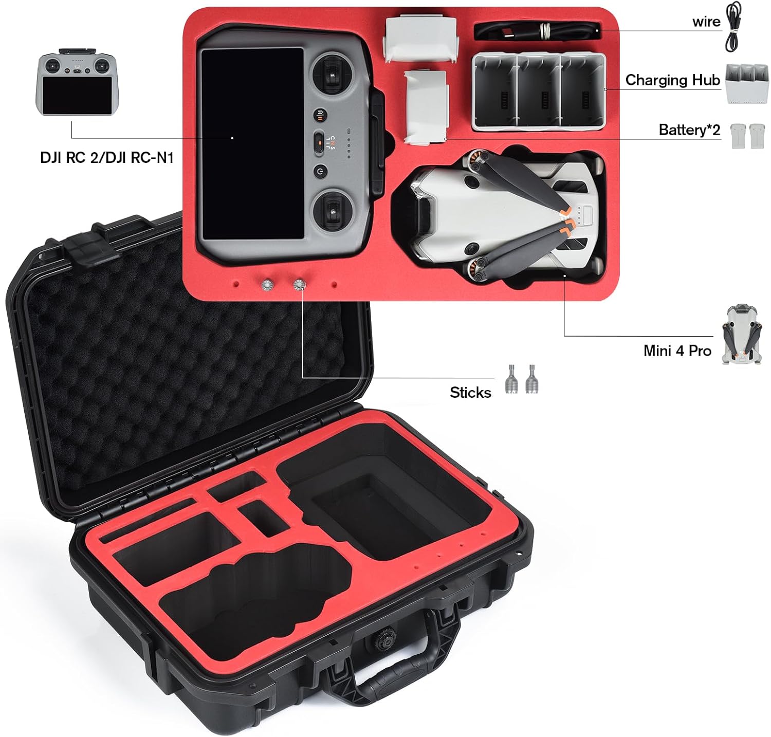 UTEBIT Hard Waterproof Case for DJI Mini 4 Pro/3, RC2/RC Controller, Portable Travel Carrying Bag for DJI, Support 7 batteries and RC lanyard - Image 2