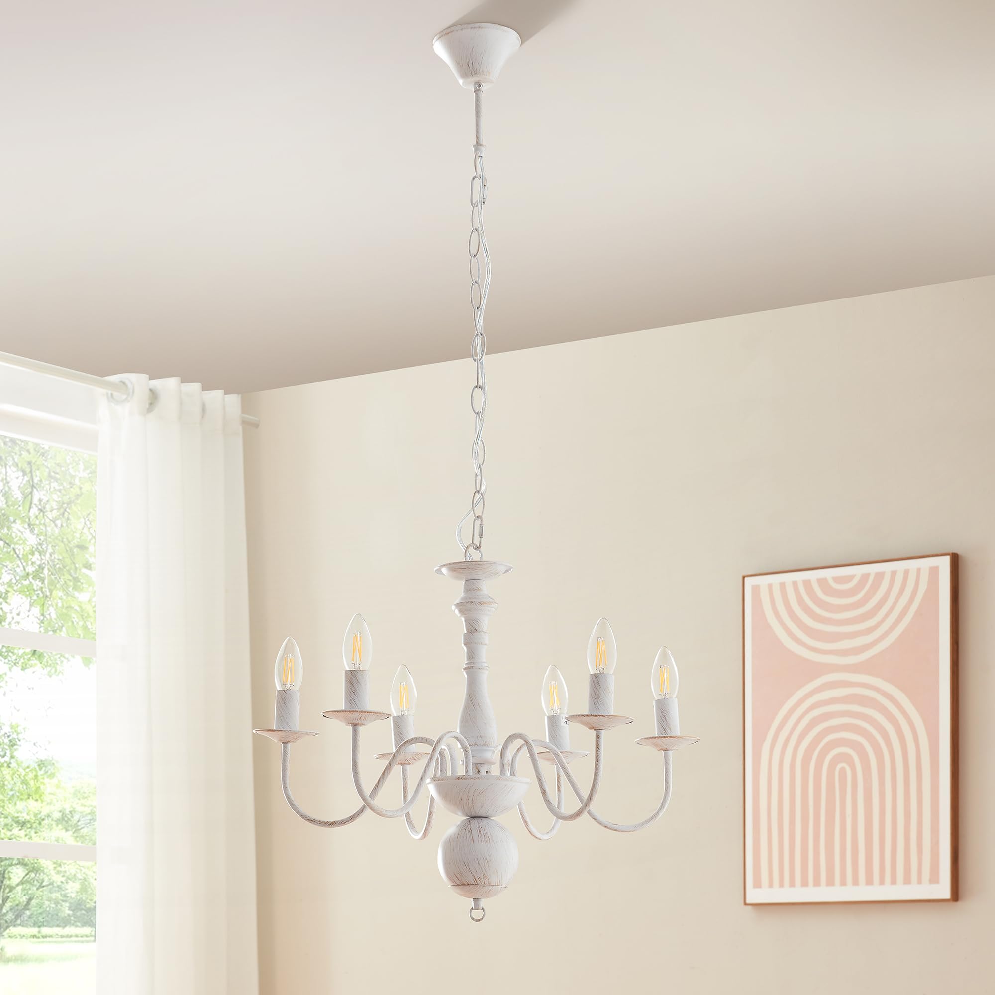 lux.pro Lampadario a Sospensione Vintage Bianco in Metallo Lampada da Soffitto con 6 Bracci Curvi per Lampadine E14 Stile Shabby Chic Rustico Elegante