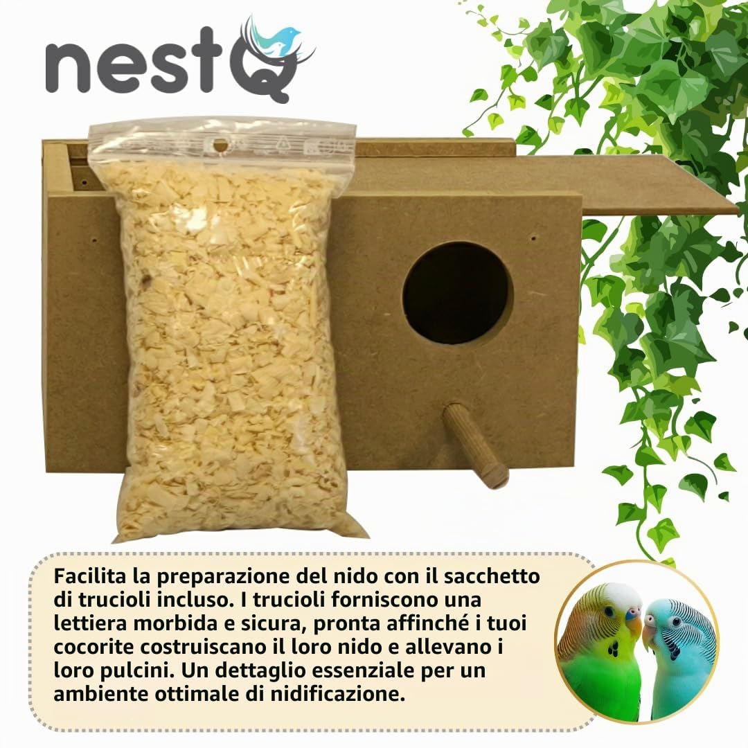 Nido per Parrocchetti con Trucioli Viruta per la Catenina, Casetta di legno per uccelli, con ganci per la Gaule di parrocchetto, 20 cm x 11 cm x 11cm