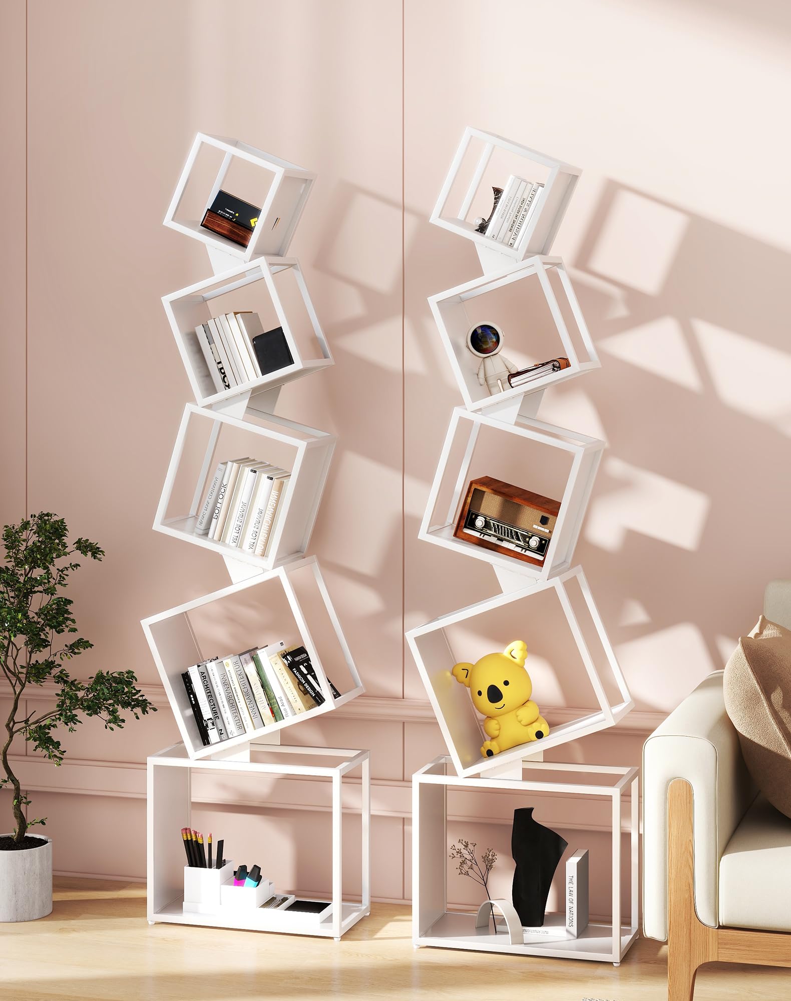 YMYNY Libreria a Cubi, Scaffale in Metallo con 5 Livelli, Alto 180 cm, Libri moderni verticali, Scaffale Portaoggetti Aperto, Geometrico, per Soggiorno, Camera da Letto, Studio, Bianco HBC007W