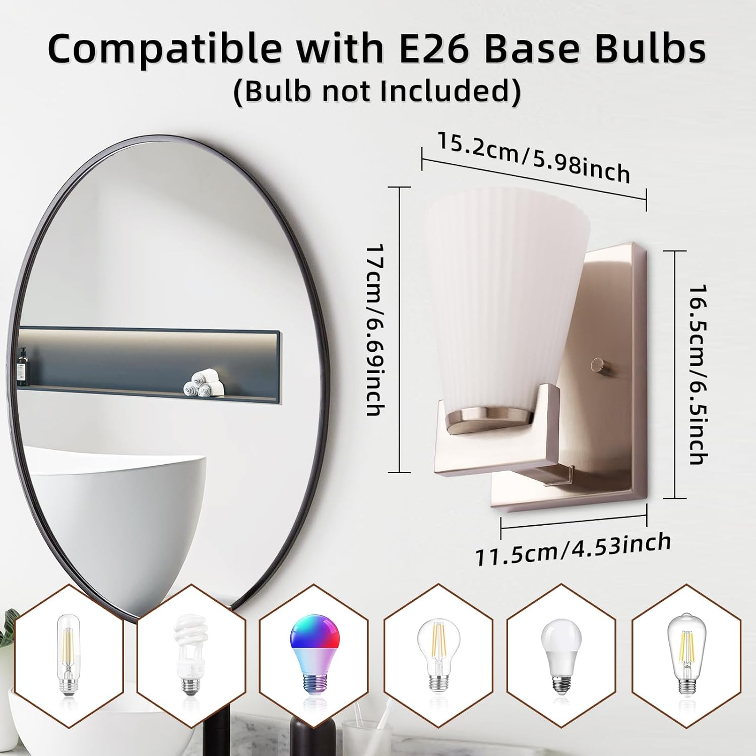 1-Light Bathroom Vanity Light, Brushed Nickel Wall Sconce with Ribbed White Glass Shade for Mirror, Bathroom, Bedroom, Living Room, Modern Style Wall Light, 1 Pack, E26 Base (Bulbs Not Included)
