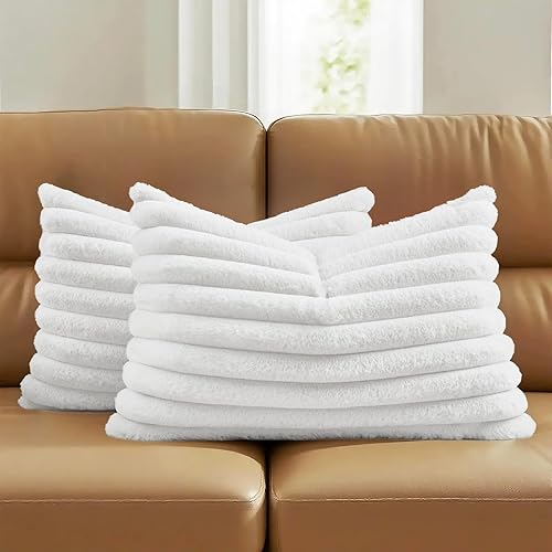 Vista 68 de FUTEI - Juego de 2 fundas de almohada decorativas con rayas, rectangulares para invierno, piel sintética de conejo suave y respaldo de terciopelo