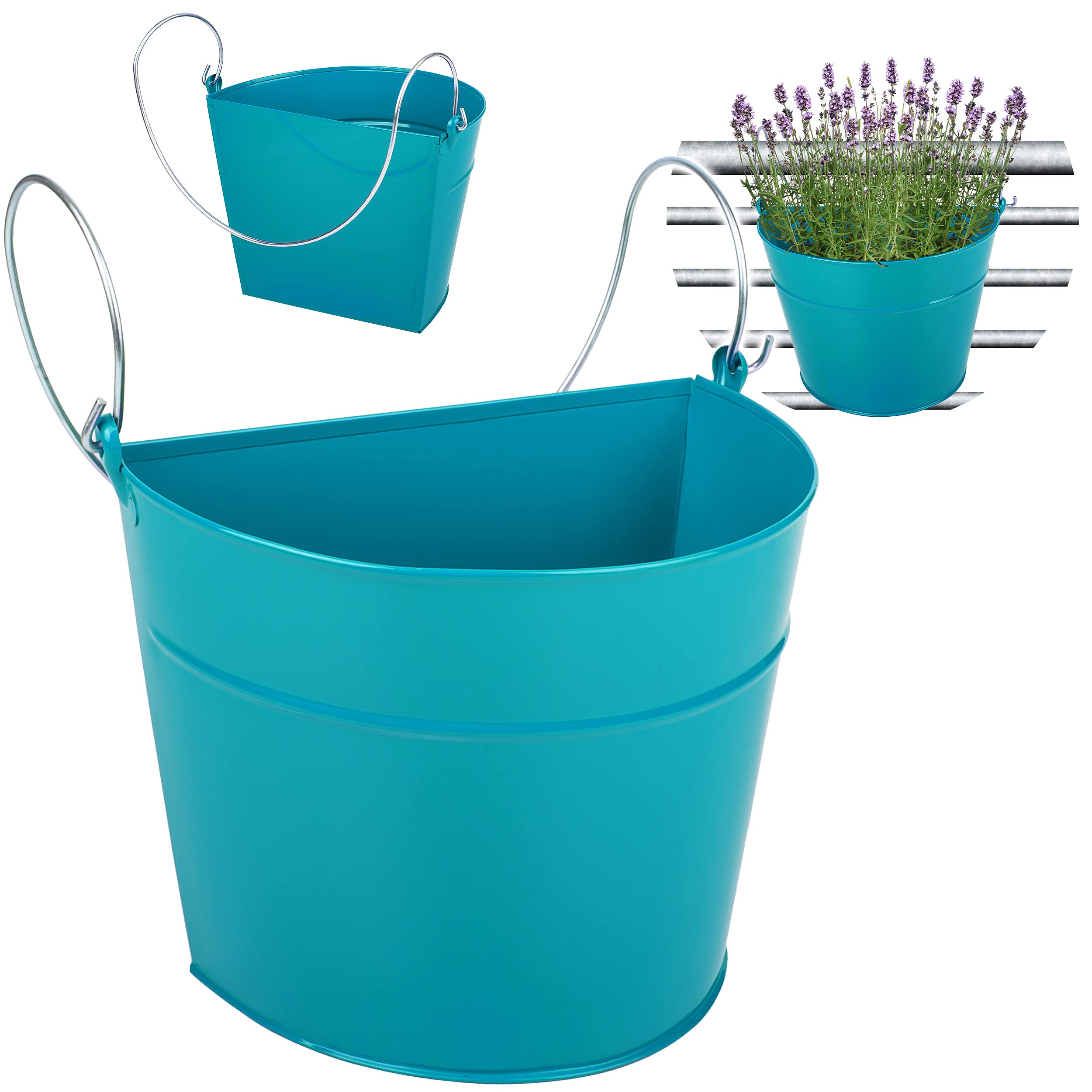 alles-meine.de GmbH 6 TLG. Set: Hänge - Töpfe Farbwahl Blumentopf/Wandvase/Hängetopf - Ø 35 cm - Metall - türkis blau/Mint - Gießkanne - HALB RUND - Hängend/mit Haken..