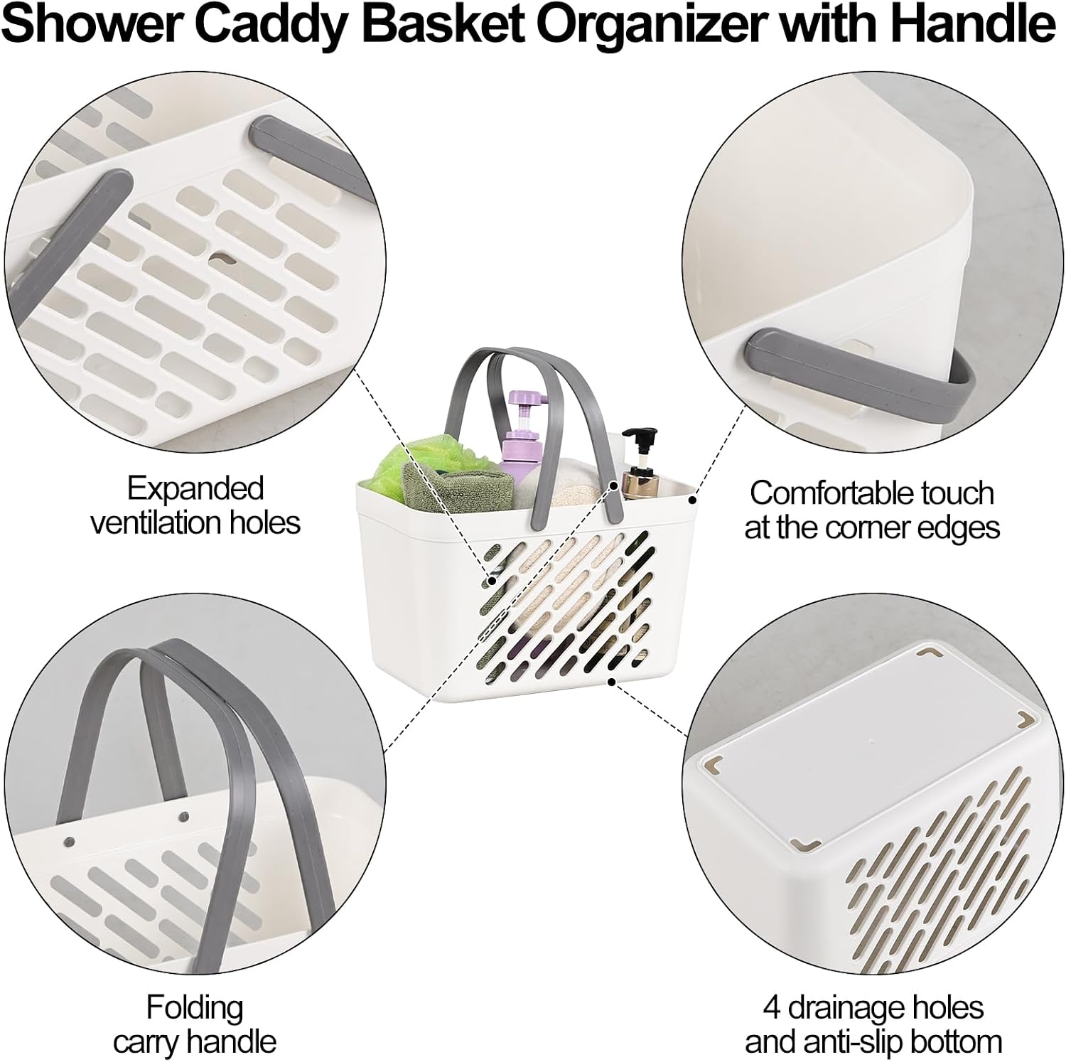 Vababa 4 Pack Portable Shower Caddy, Plastic Caddy Organizer with Handle | Stoeage Basket, Portable Shower Caddy Tote Organizer Basket for Bathroom Kitchen Dorm Room, White