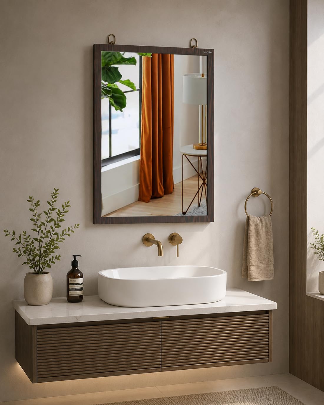 Cirise Solid Wood Wall Mirror with Wooden Frame, 33x58 cm | Dark Wood Finish Ring Hanging Hardware Bathroom & Bedroom 15 MM Frame Depth Rectangular Shape Home Decor Mirror-image-14