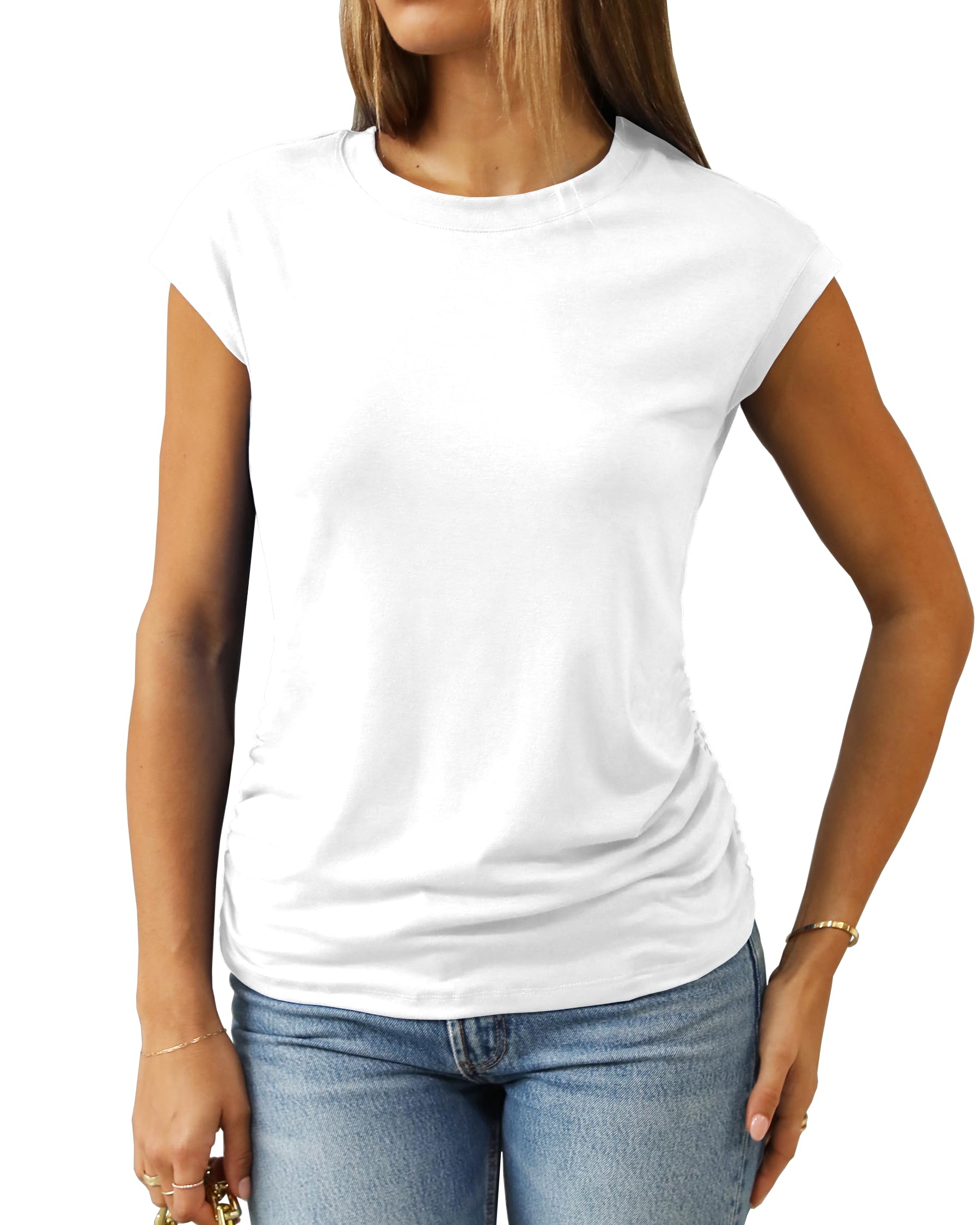 Abardsion Women's Trendy Going Out Tops 2025 Summer Clothes Elegant Cap Sleeve Crew Neck Loose Fit T Shirts