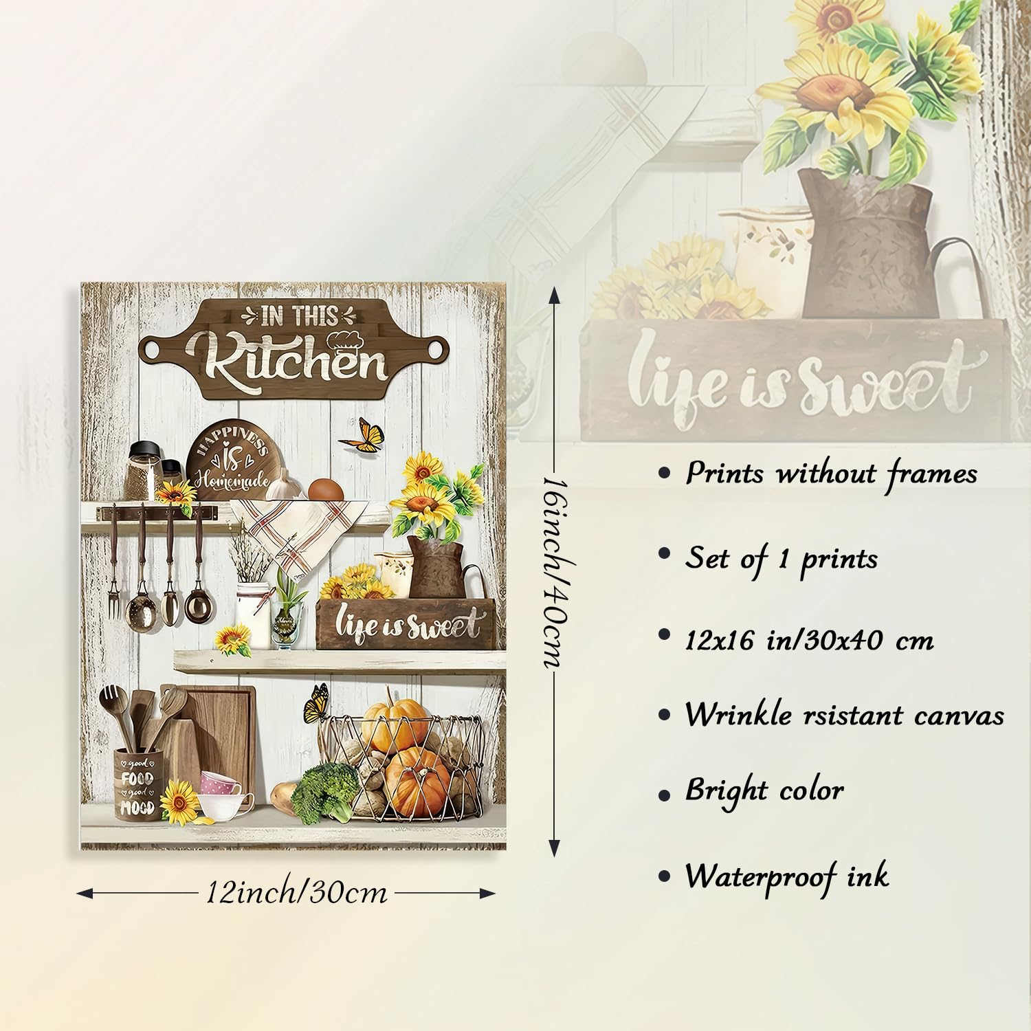 Quadro Tela Cucina Rustica Con Stoviglie E Motivazione - 30x40 Cm - Decorazione Parete Fattoria
