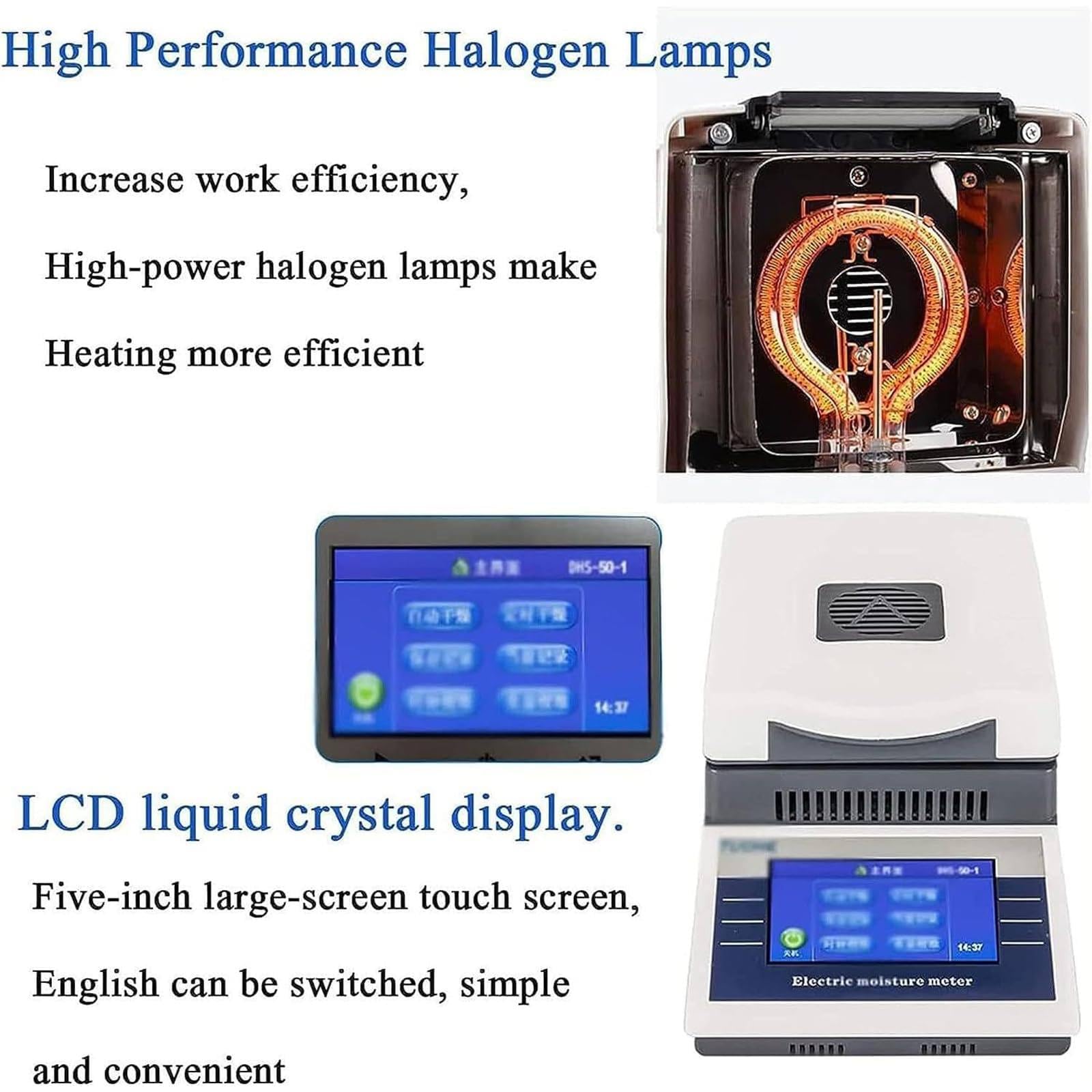 Analizador de Humedad halógeno de 50 g x 5 MG, balanzas de Humedad con Pantalla táctil de Laboratorio con legibilidad del 0,02%, con Puertos RS232, comprobador de Humedad Digital Profesional
