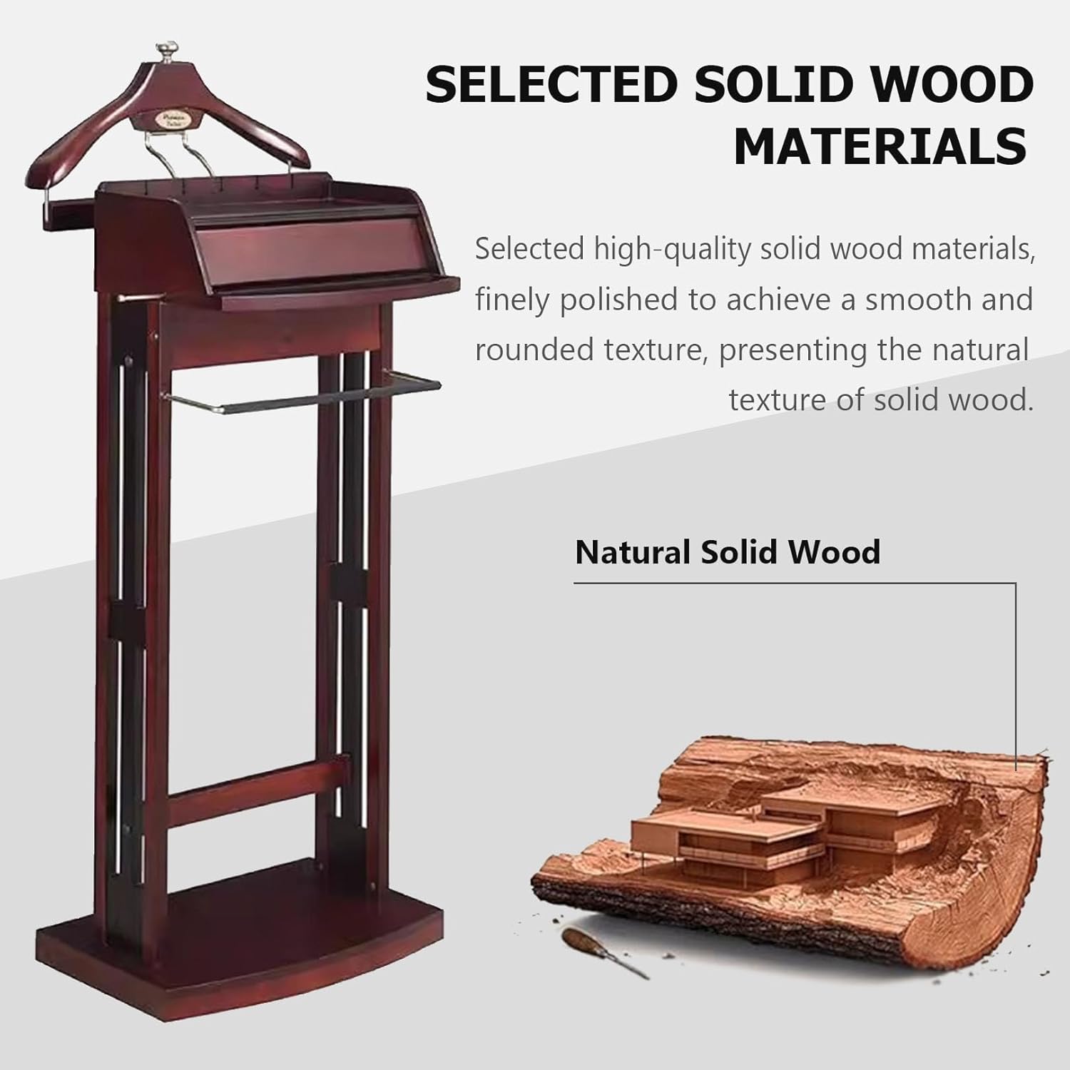 Suit Valet Stand for Men Wooden Freestanding Clothes Rack with Top Tray Storage Sturdy Base Coat Hanger Organizer for Bedroom Living Room