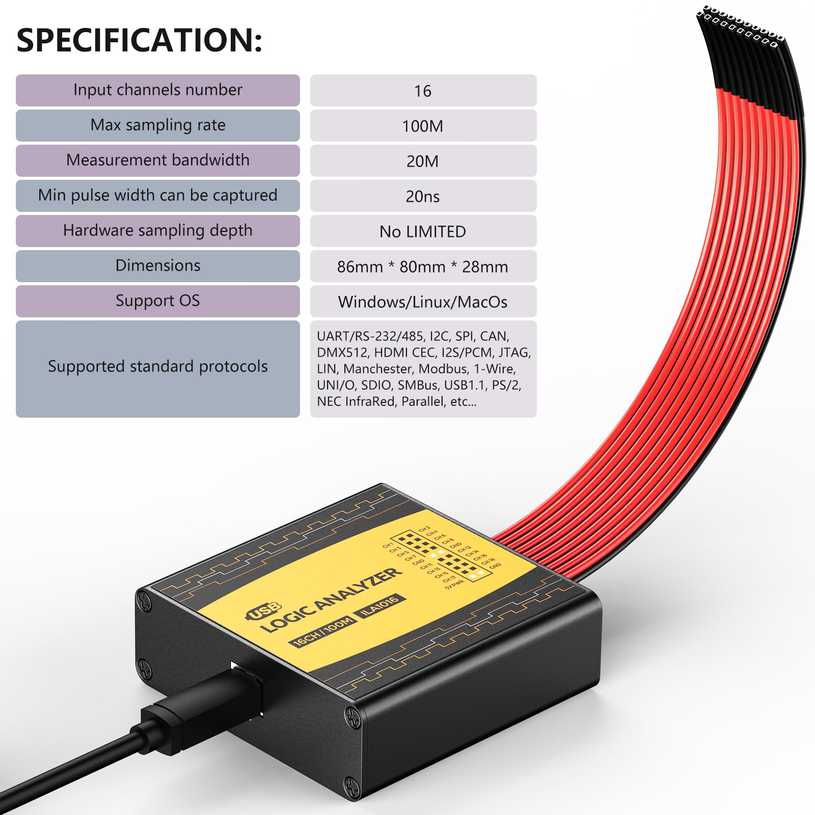 innomaker ULA1016 - Analizador lógico USB completo de 16 canales de frecuencia de muestreo de 100 MHz viene con software de código abierto pulseView que soporta Windows Linux Mac OS