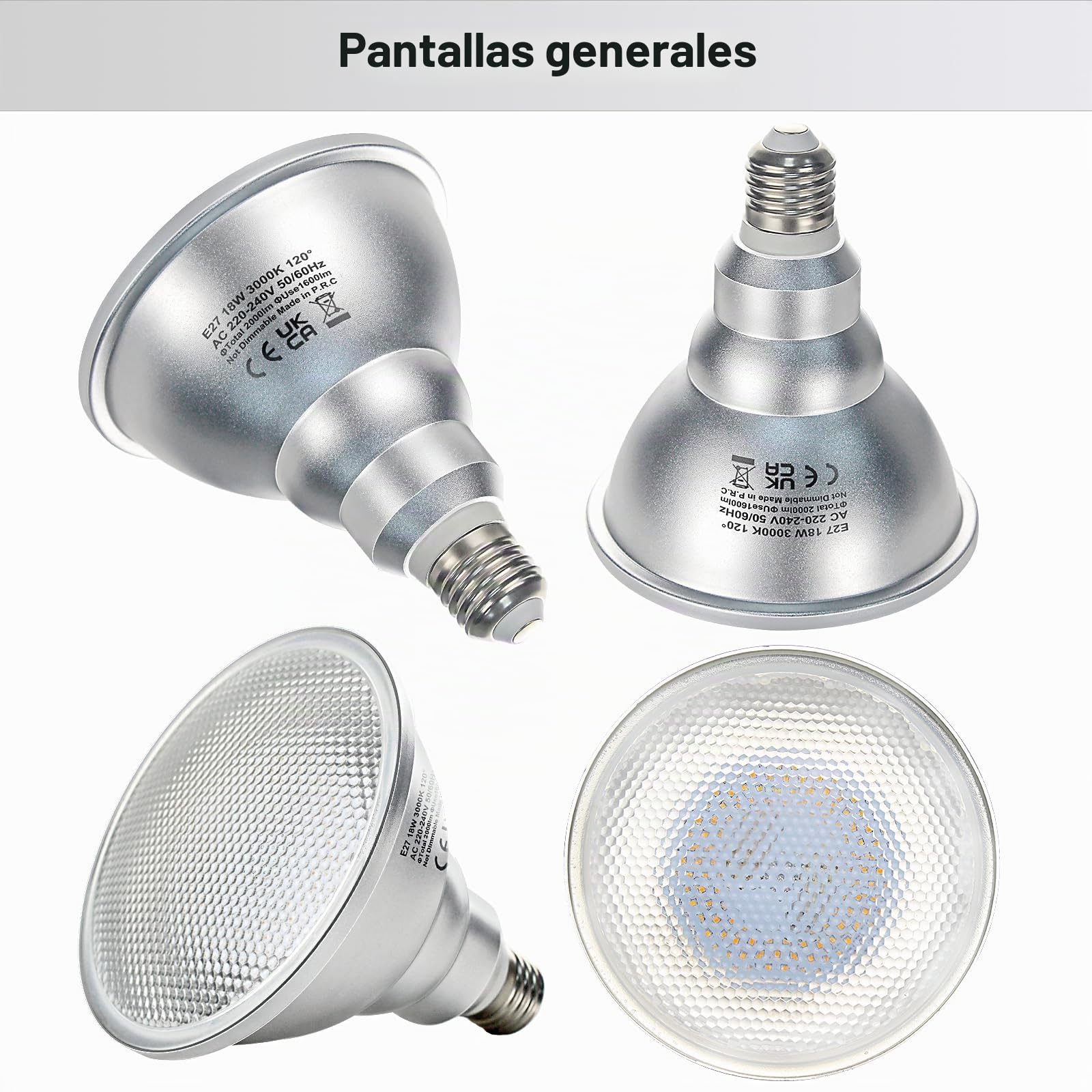 Lote de 4 bombillas LED 18W E27 Blanco Cálido Par38 reflector spot 2000LM Luz de Inundación 230V, Reemplaza bombillas halógenas de 180W, 120 grados, No regulables