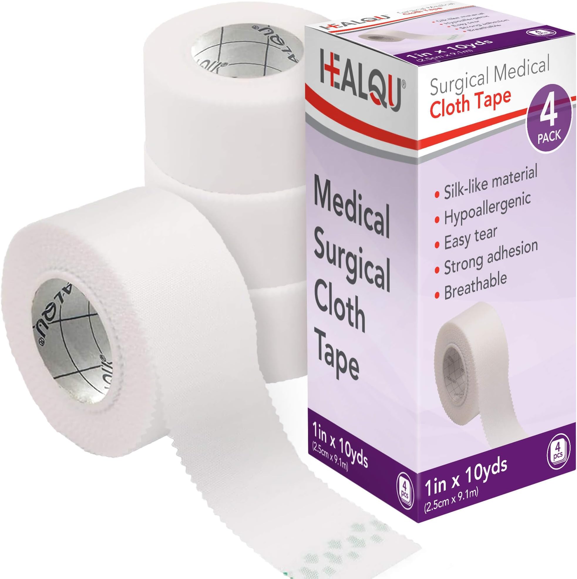 Healqu Silk Like Medical Tape - Durable Cloth Medical Tape - 1 in x 10yd, 4 Rolls - Surgical Tape Woven for Strongly Holding Large Dressings, Securing Splints, and Ideal for Long-Term Care