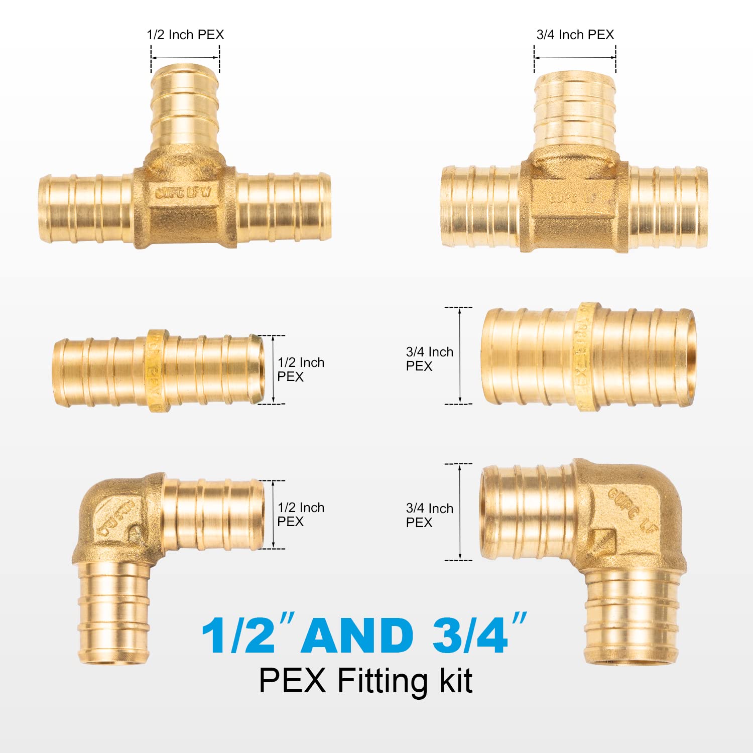 (Paquete de 24 unidades de 6 artículos) Kit de montaje PEX de 1/2 pulgada y 3/4 pulgadas, 4 codos de 1/2 pulgada, camisetas, acoplamientos y codos de 3/4 pulgadas 4 de cada uno, Tees,
