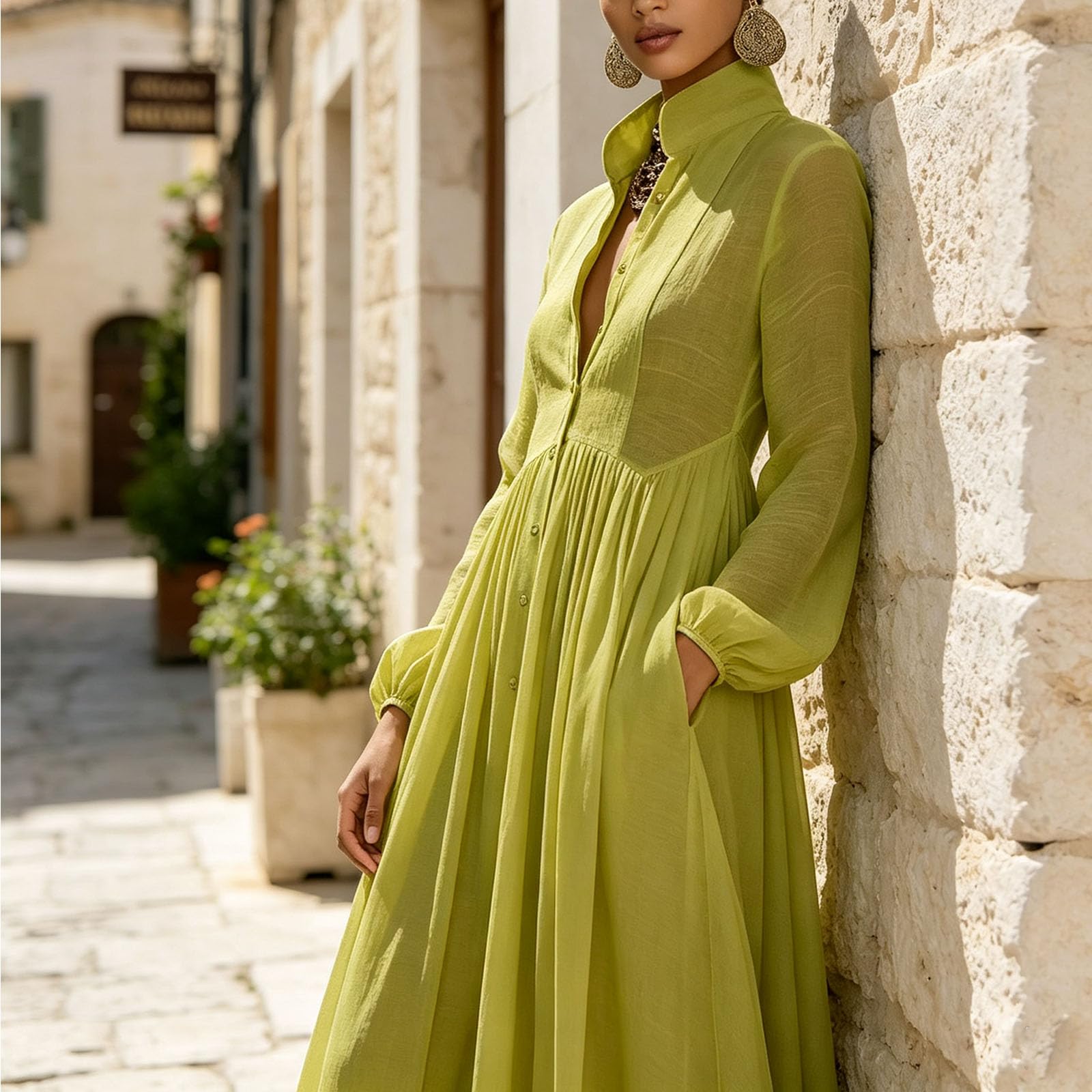 Abito Lungo Casual con Bottoni Vestito Boho Collo alla Coreana