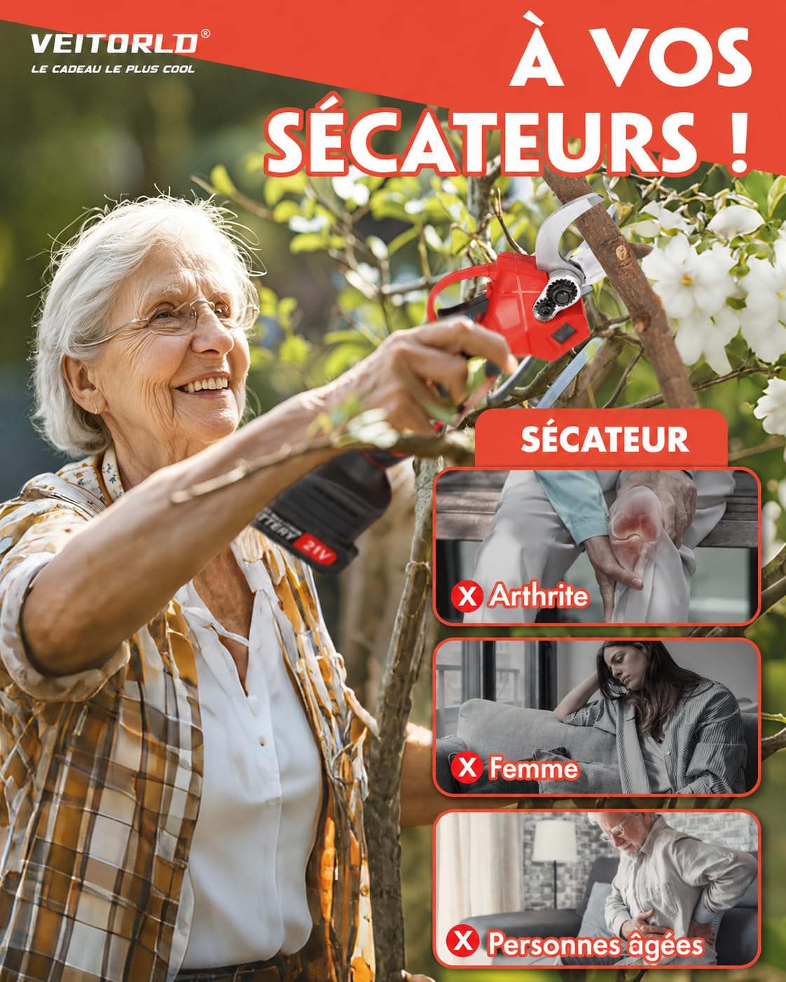 Veitorld Sécateur Électrique Sans Fil 30mm, Brushless, 2 Batteries 2000mAh