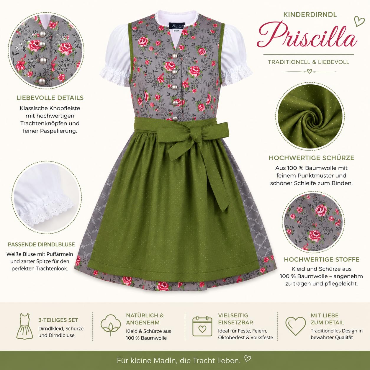 Ramona Lippert® - Dziecięca sukienka Dirndl dla dziewczynek - Dziecięca sukienka z nadrukiem róży - 3-częściowa sukienka do stroju ludowego - Moda ludowa - Strój ludowy z fartuchem