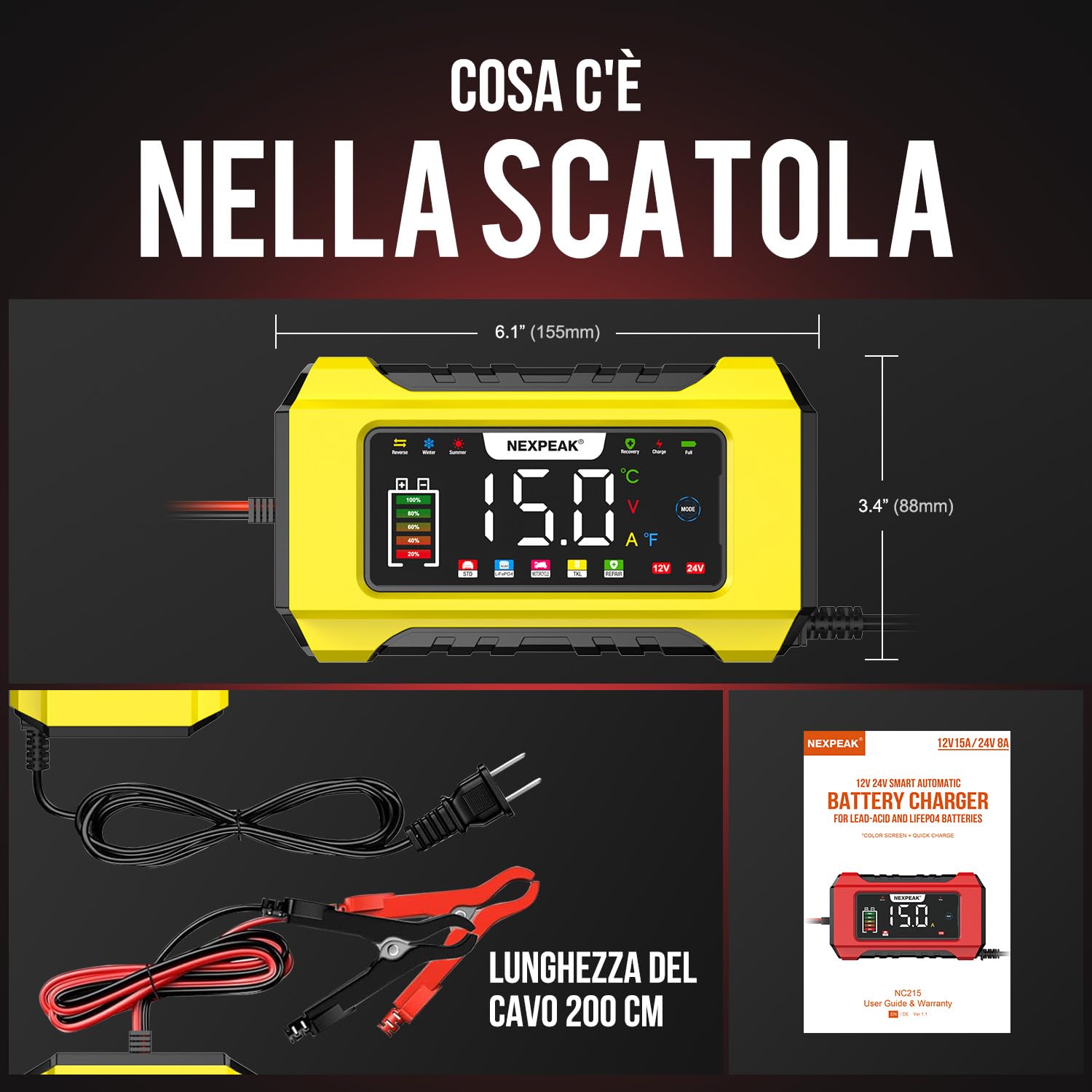 15A Caricabatterie per Auto, NEXPEAK 12V 15A/24V 8A Caricabatterie Intelligente con Compensazione Della Temperatura per Auto, AGM, Gel, Wet, SLA per Batterie Piombo-acido e LiFePO4