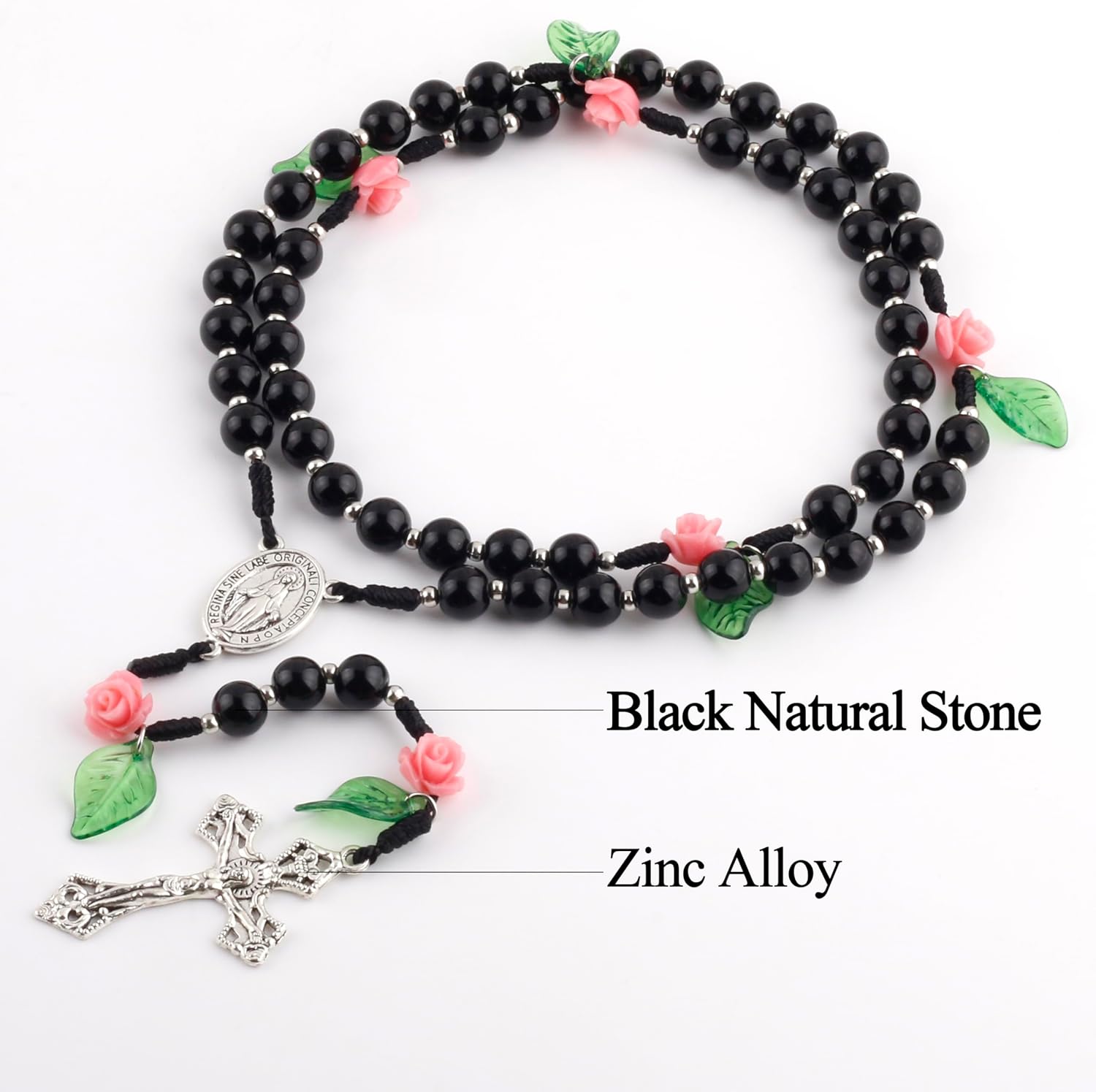 8mm Black Natural Stone Beads Catholic Rosary Necklace and Coral Rose Glory Beads with Flannel Bag for Women - Image 3