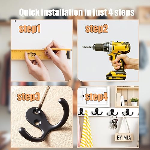 Miniatura 4 de Ganchos para abrigos, ganchos de pared para colgar – Paquete de 15 ganchos negros de doble punta montados en la pared – Excelente para sala de negro