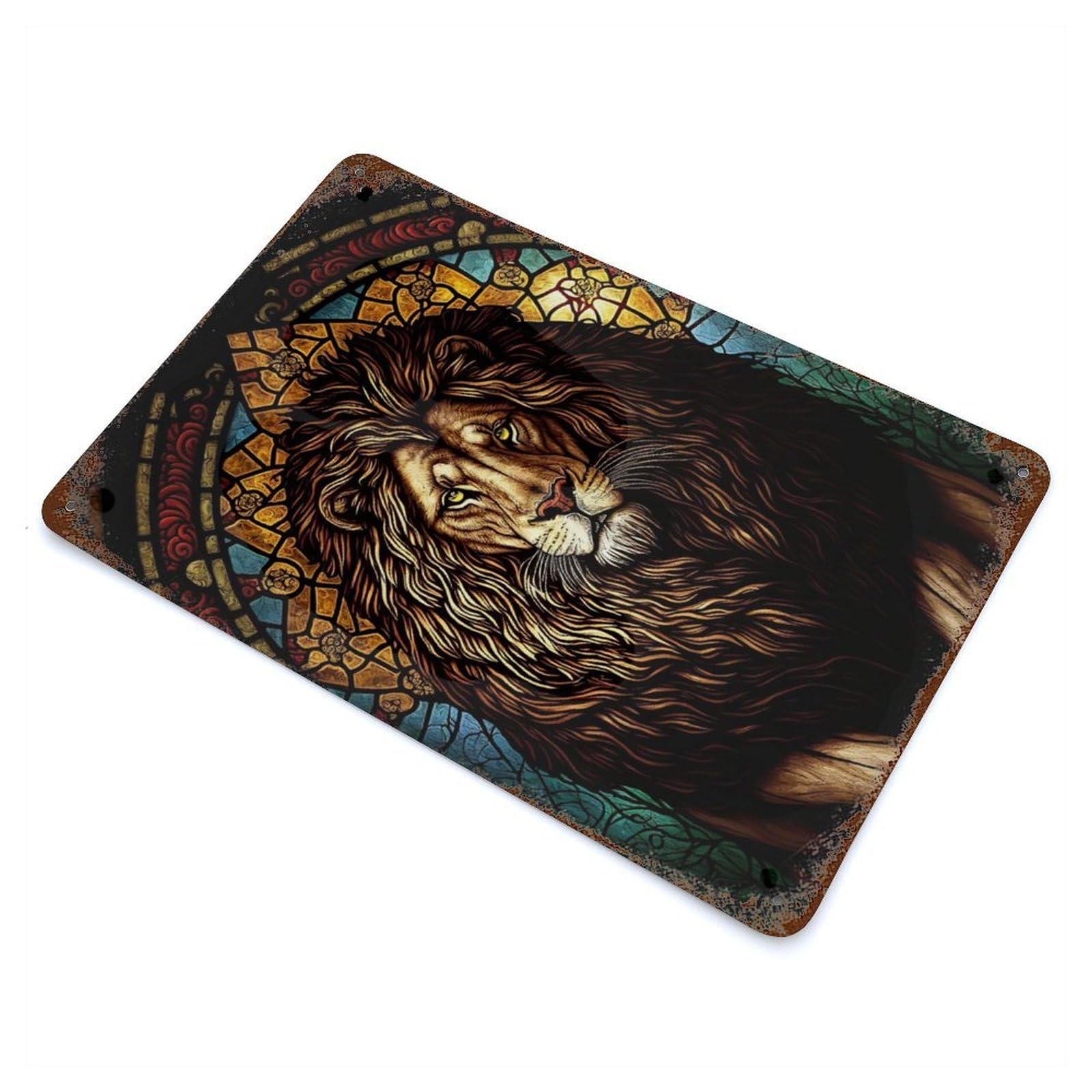 Rust Effect Stained Glass Lion Art 1 Weathered Tin Sign 11.8"x7.9", Classic Wall Plaque for Living Room, Hallway And Home Decor