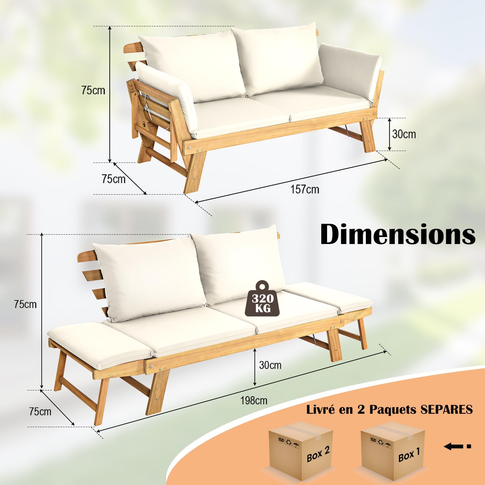 COSTWAY 3 en 1 Canapé Lit de Jardin Convertible, Canape Exterieur 2-4 Places en Bois d’Acacia, Charge 320 KG, Accoudoir Réglable, Coussins Amovible & Lavable, pour Salon Porche Balcon (Blanc)