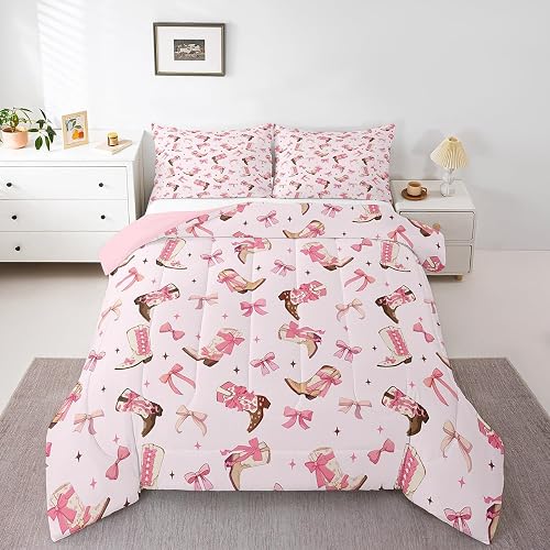 jejeloiu Pink Bow Comforter Set Full Size