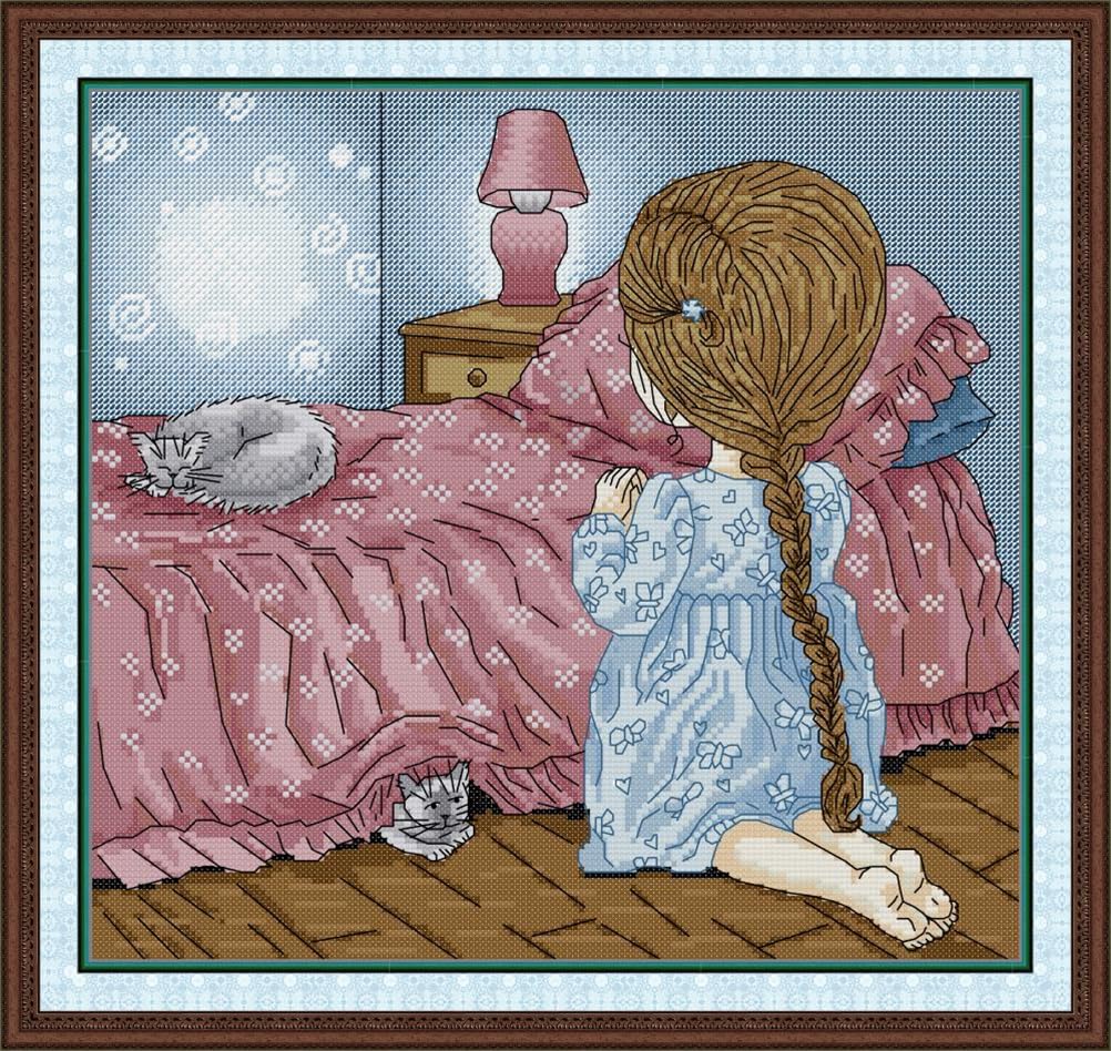 Meecaa Girls Prayer Cross Stitch Kits 14 Count Stamped, Bed Room Belief Embroidery Kit With Accessories Pre Printed（36×34Cm (Prayer)