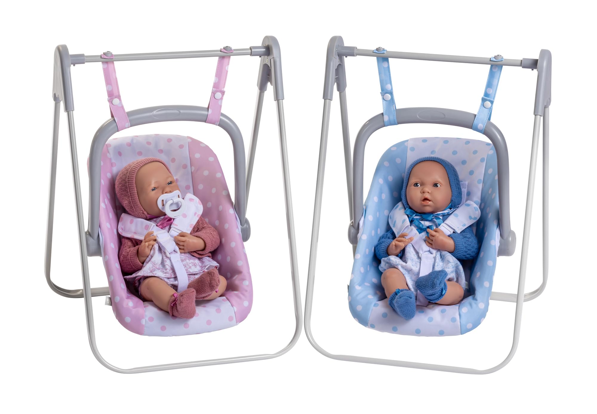 JC Toys- 2 en 1 Hamaca y Silla Multi posición extraíble para muñecas de hasta 45 cm, Rosa y Blanca con Lunares, portátil, Peso Ligero, diseñado por Berenguer Boutique, + 3 años