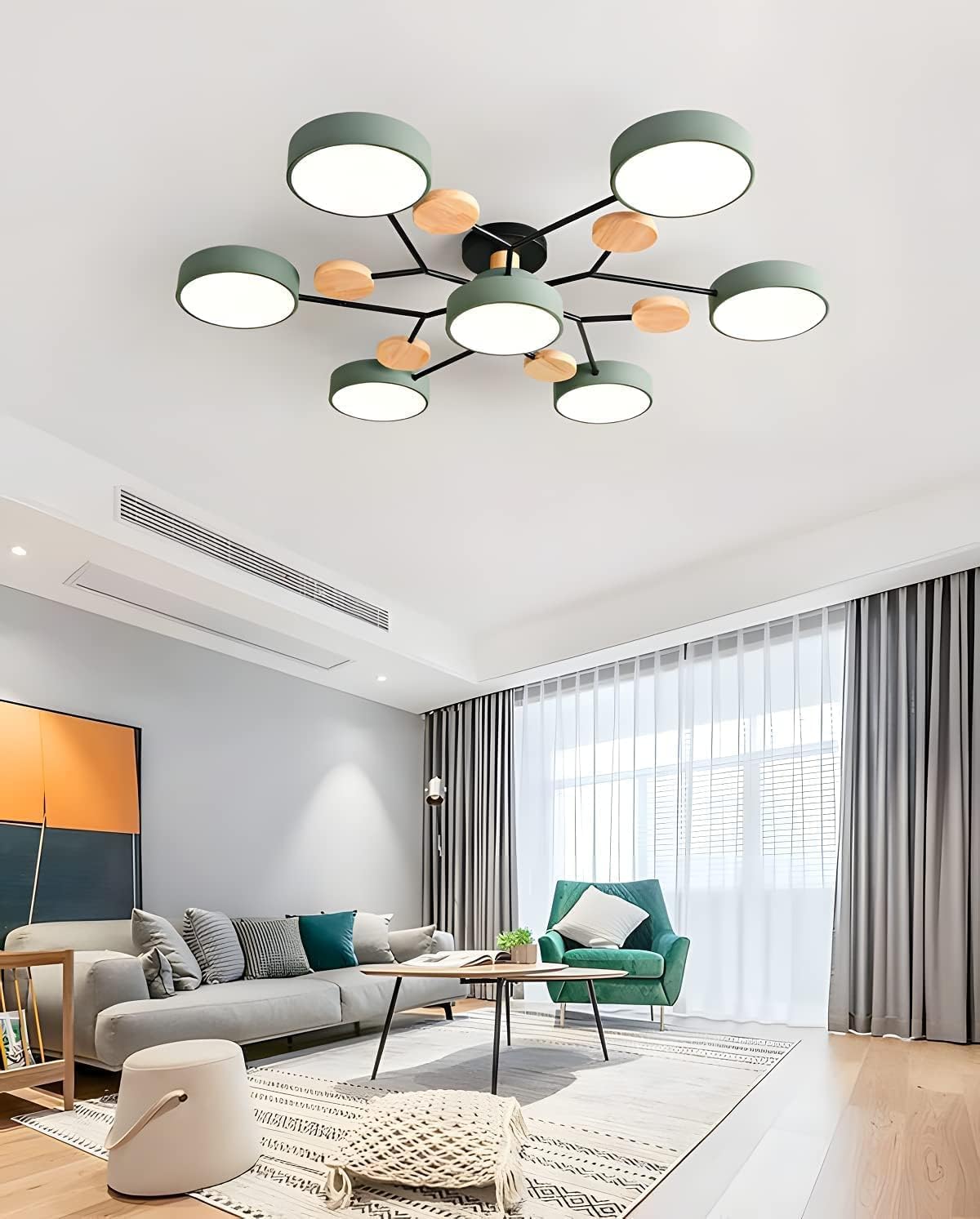 Plafoniere moderne a LED Sputnik in legno da semi-incasso Molecola nordica bianca Vicino alla plafoniera Soggiorno Illuminazione a soffitto per camera da letto Sala da pranzo Cucina per ufficio, Verd