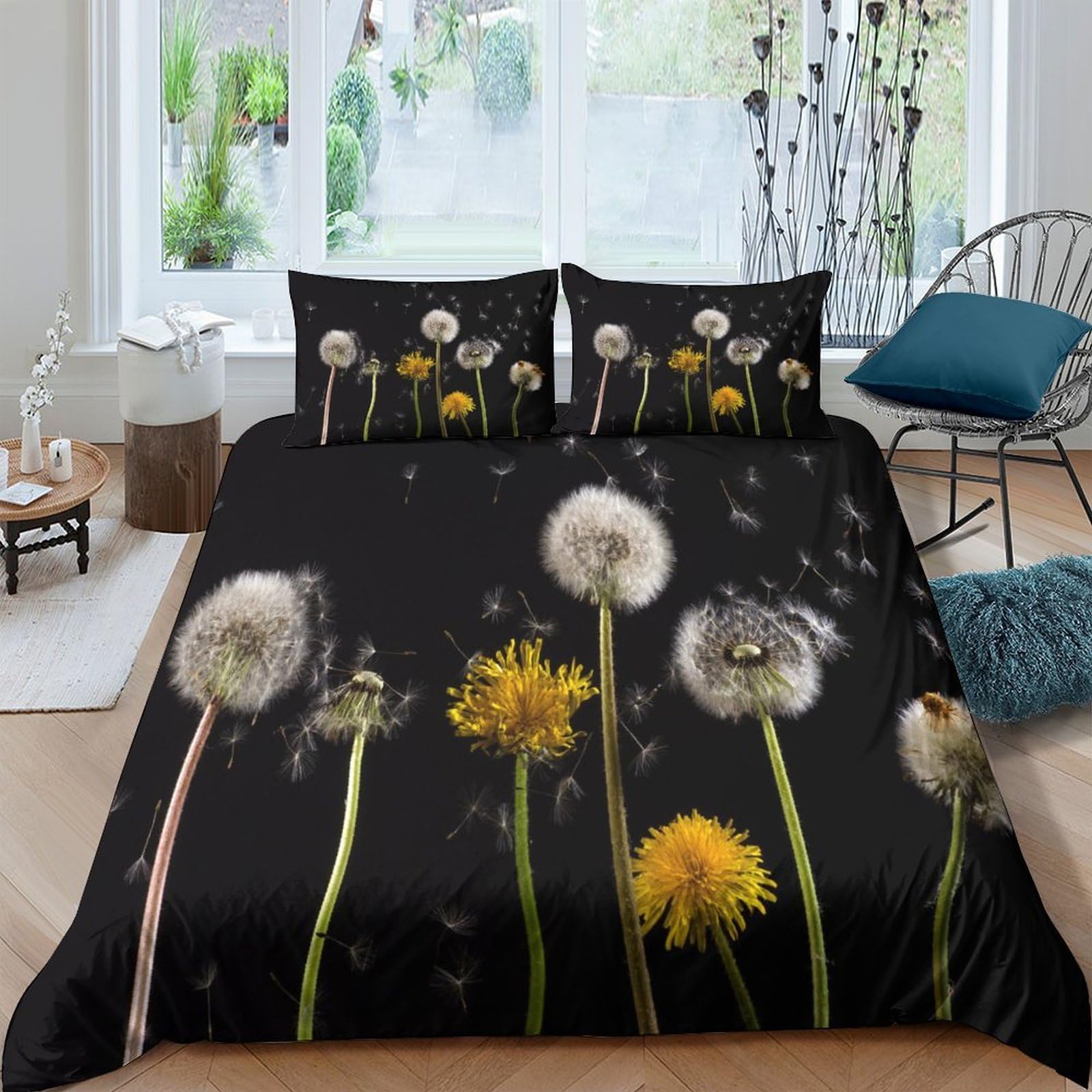 GPLZQXKJNH 3D Printed Dandelion Flower Duvet Cover Microfiber Soft Breathable Meadow Bedding Set with 2 Pillowcases for Bedroom Decor Single（135x200cm）