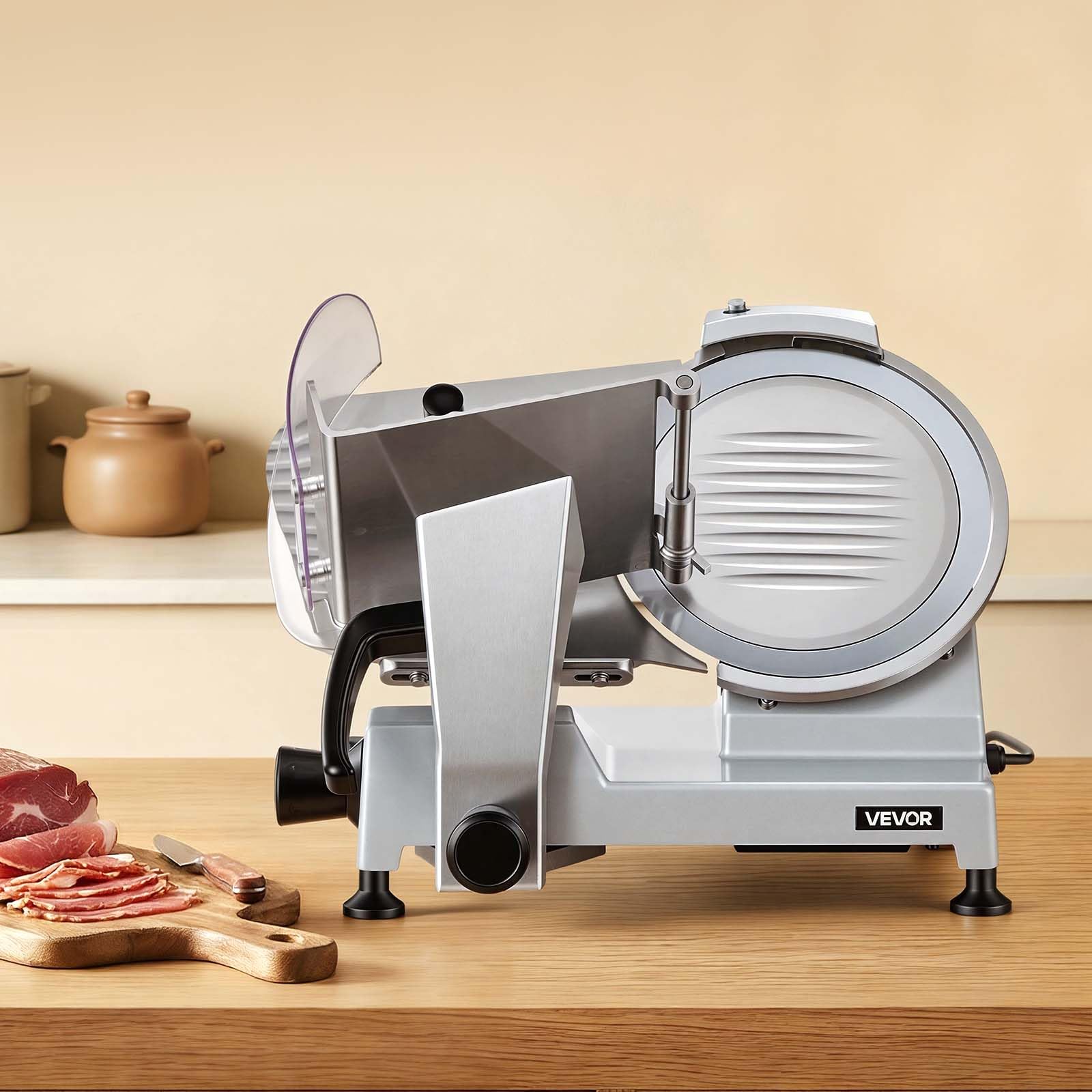VEVOR Elektrische Aufschnittmaschine 250 mm Klinge, 240 W Allesschneider Fleischschneidemaschine mit Integriertem Schärfer und 0-12 mm Einstellbarer Schnittstärke, für Gefrorenes Fleisch Schinken