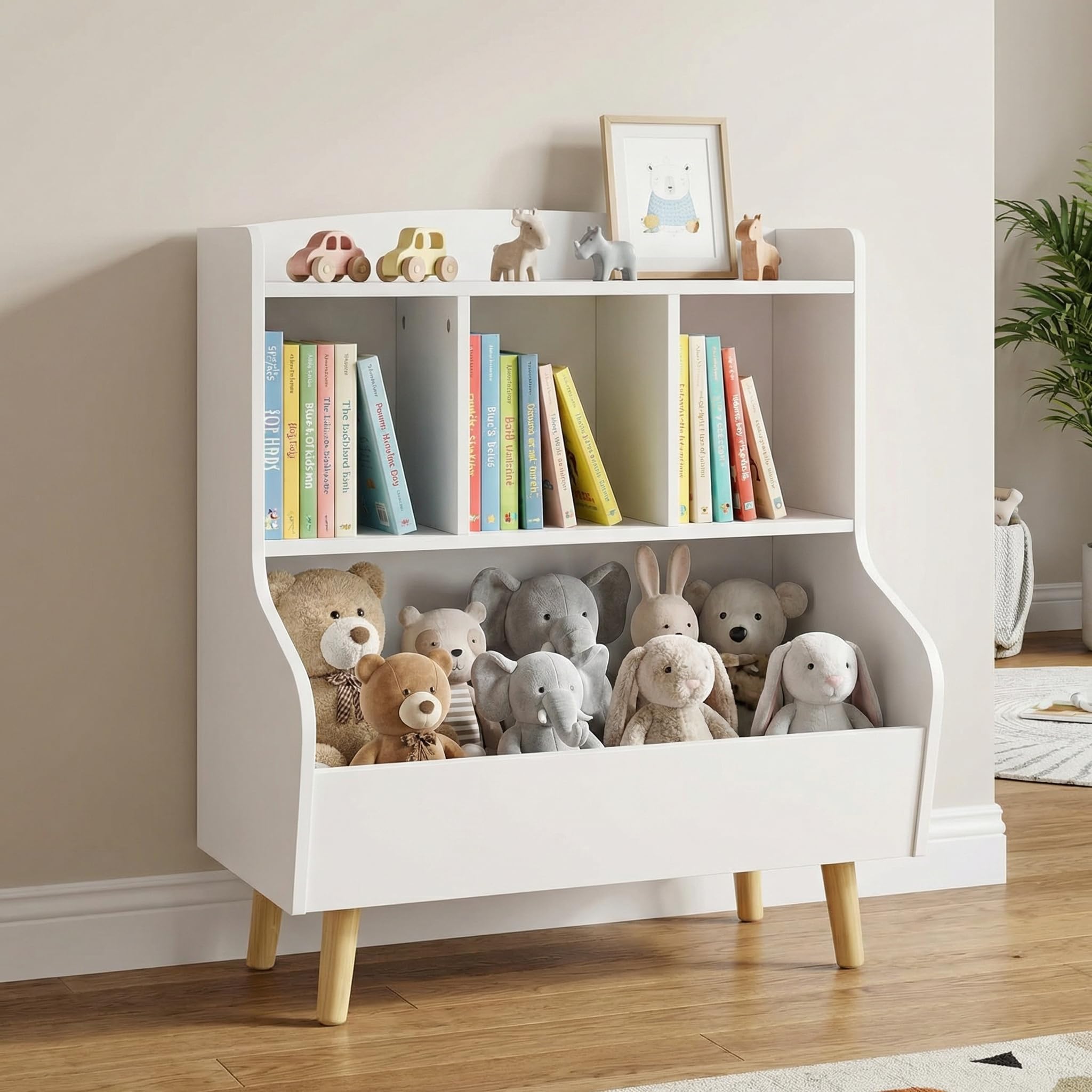 Kinderregal mit Spielzeugaufbewahrung – Bücherregal für Kinder, 3-stufiges Standregal mit Beinen, 5-Fach für Kinderzimmer & Babyzimmer, Weiß