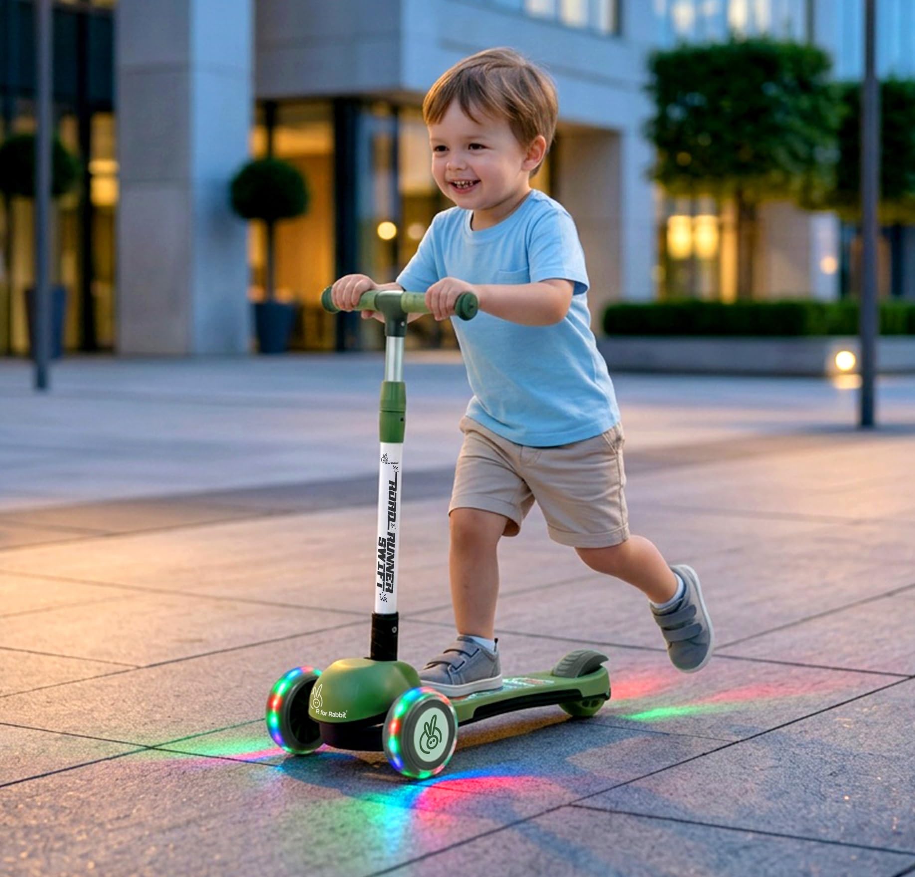 R for Rabbit Road Runner Swift Scooter for Kids with Lights, 3-Level Adjustable Height, PU LED Wheels for 3+ Years Baby Boys & Girls, Up to 75 KG Weight (Military Green)-image-48