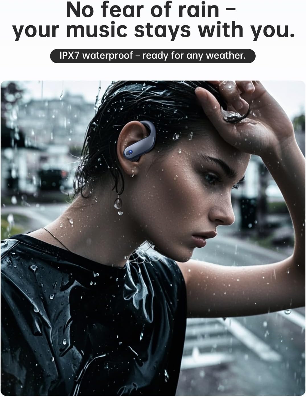 Person in rain wearing NDO T07 earbuds, demonstrating IPX7 waterproof feature.
