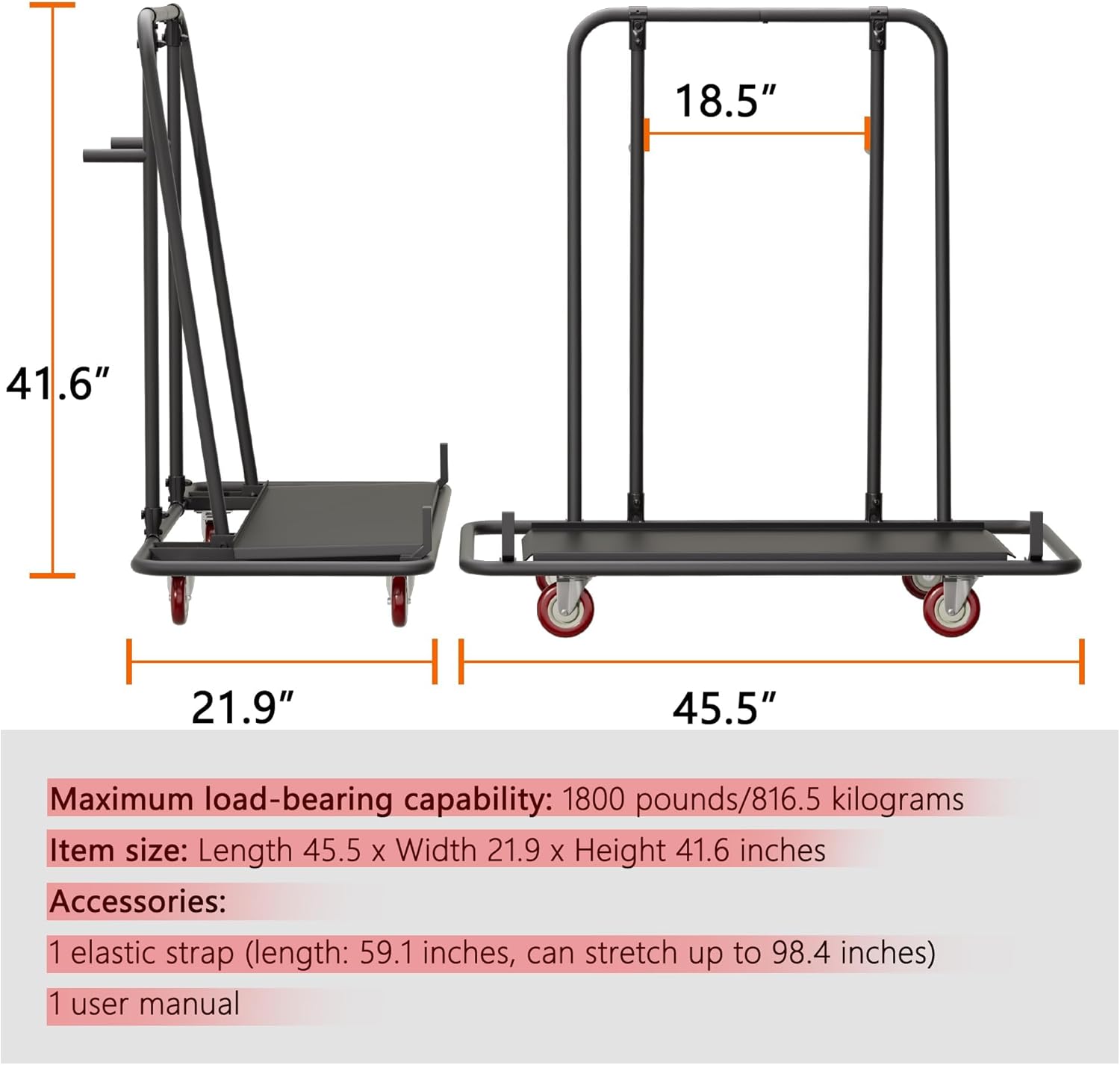 Drywall Cart, 1800 lbs Strength Steel Panel Dolly with Inclined Deck, 4" PU Casters & Adjustable Flaps, Service Cart for Transporting Drywall, Plywood, Lumber