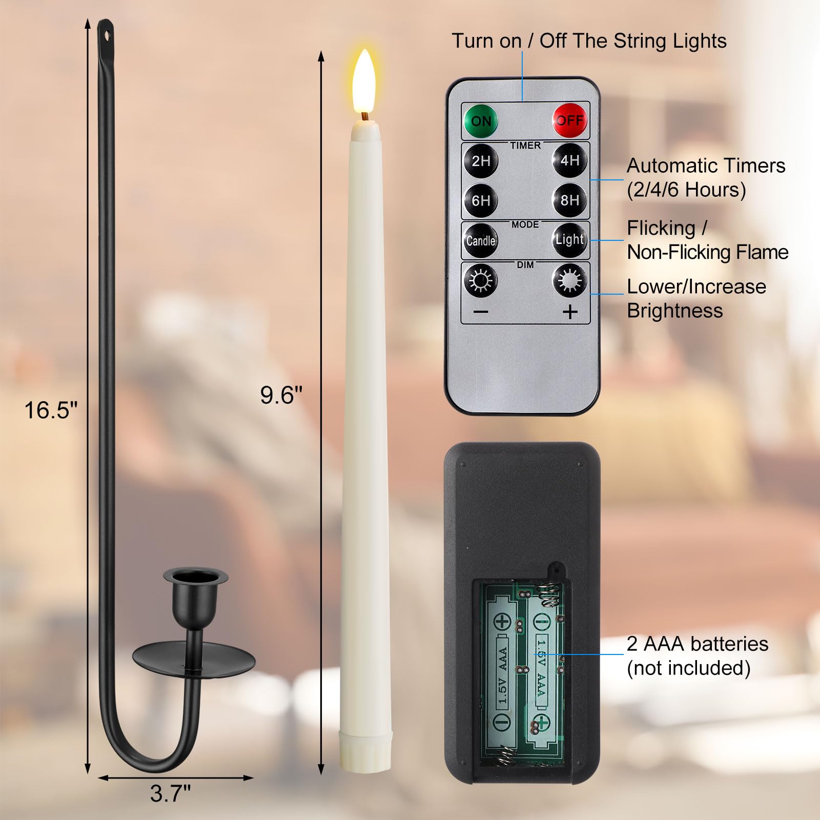 Tessco for you Metalowe kinkiety ścienne z bezpłomieniowymi świecami stożkowymi LED 24,4 cm i zdalnym timerem, 42 cm, zestaw kinkietów ściennych do salonu, kominka, korytarza, schodów, czarne, 4