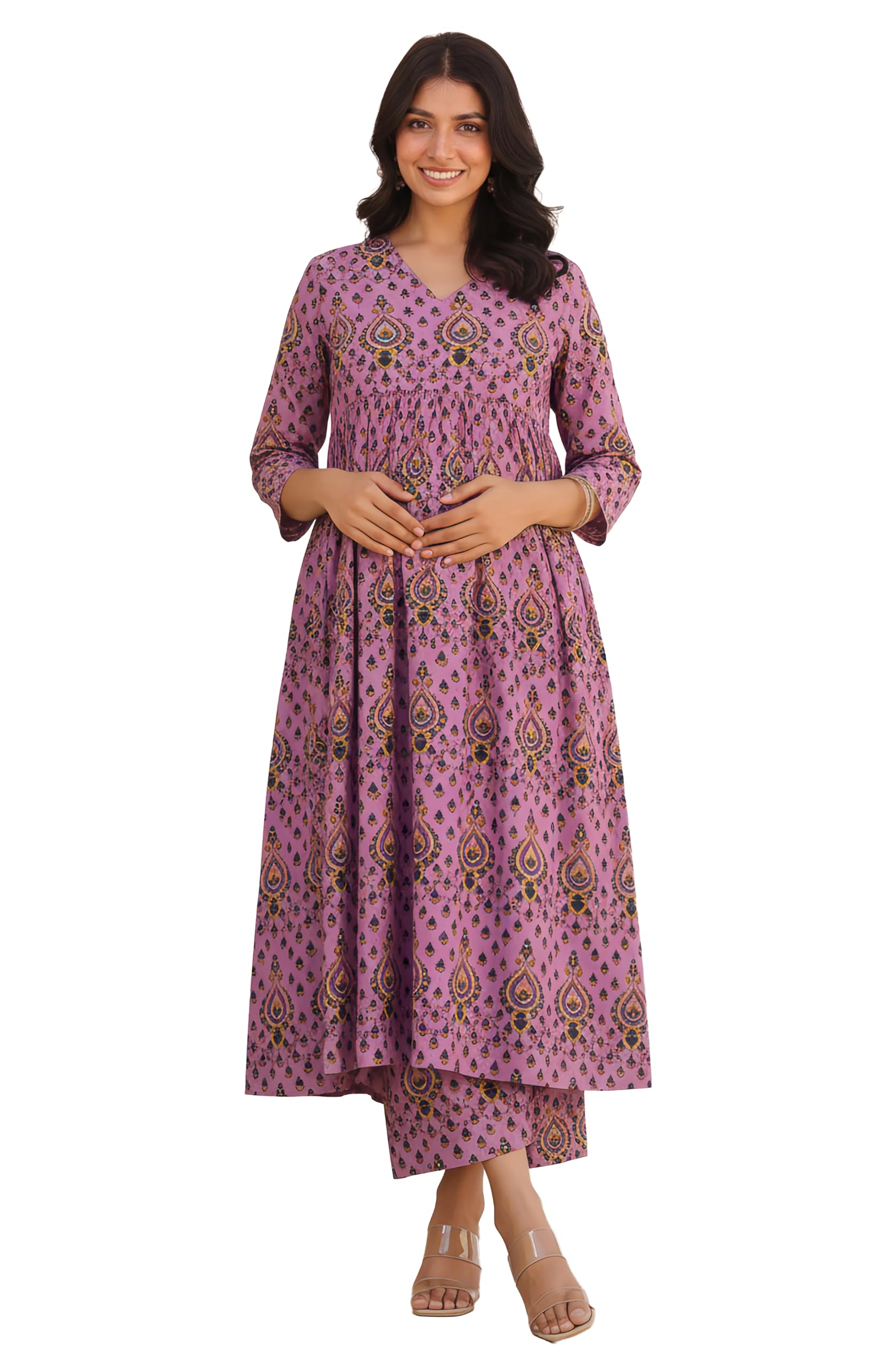 Women's Lavender Pure Cotton Ethnic Motifs Printed A-Line Maternity Kurta with Pant Set-image-35