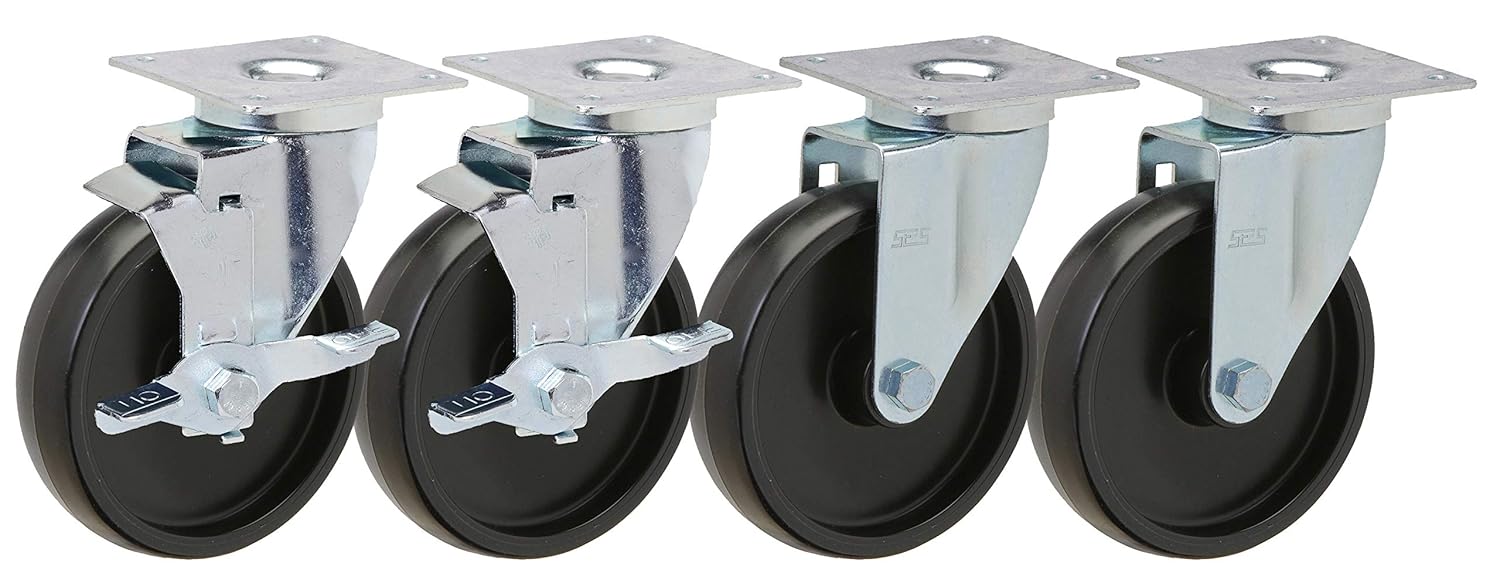 5" Caster Set of 4 | for Pitco Fryers with a Heavy Duty Plastic Wheel and 3-1/4x3-1/4 Mounting Plate | 2 Swivel and 2 Swivel with Brakes