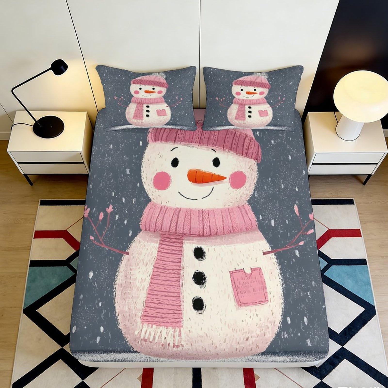 3D Printed Snowman Pattern Fitted Sheet Microfiber Deep Pocket Non-Slip Bedroom Bedding Snowman Mattress Fitted Cover for Adult Teen 180x200x25cm