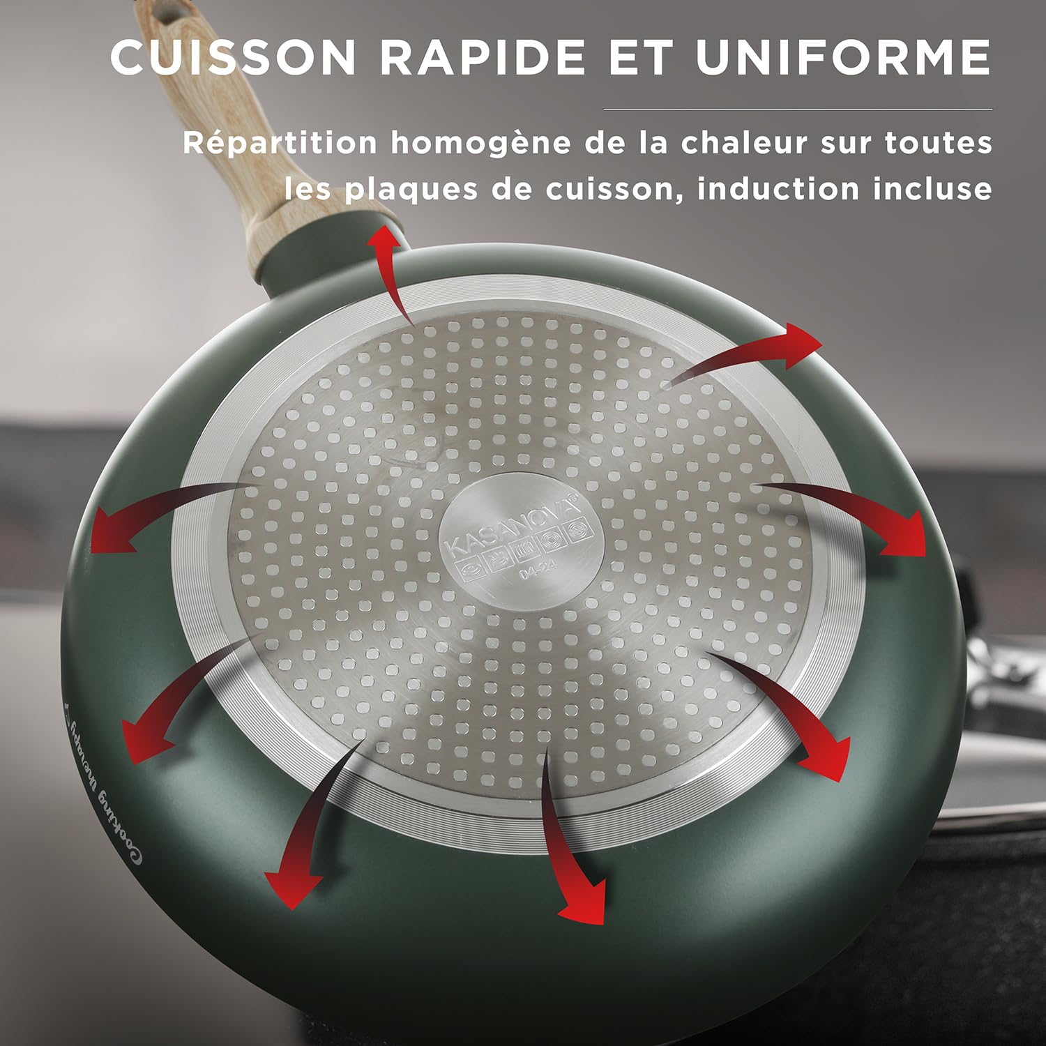 KASANOVA Batterie de cuisine Cooking Therapy, Ensemble de casseroles induction et poêles antiadhésives avec spatule, avec inscription au laser et poignées effet bois (10 pièces)